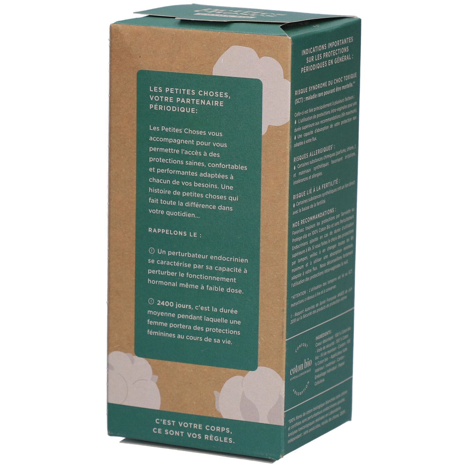 Côté de la boîte avec texte. LES PETITES CHOSES, Coton Bio. Informations sur l'utilisation et le produit.