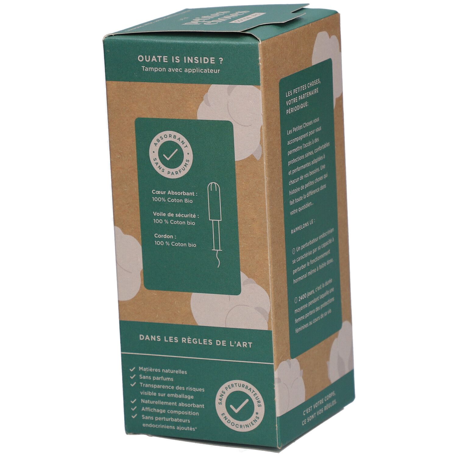 Côté de la boîte avec texte. LES PETITES CHOSES, Coton Bio. Ingrédients et certifications.