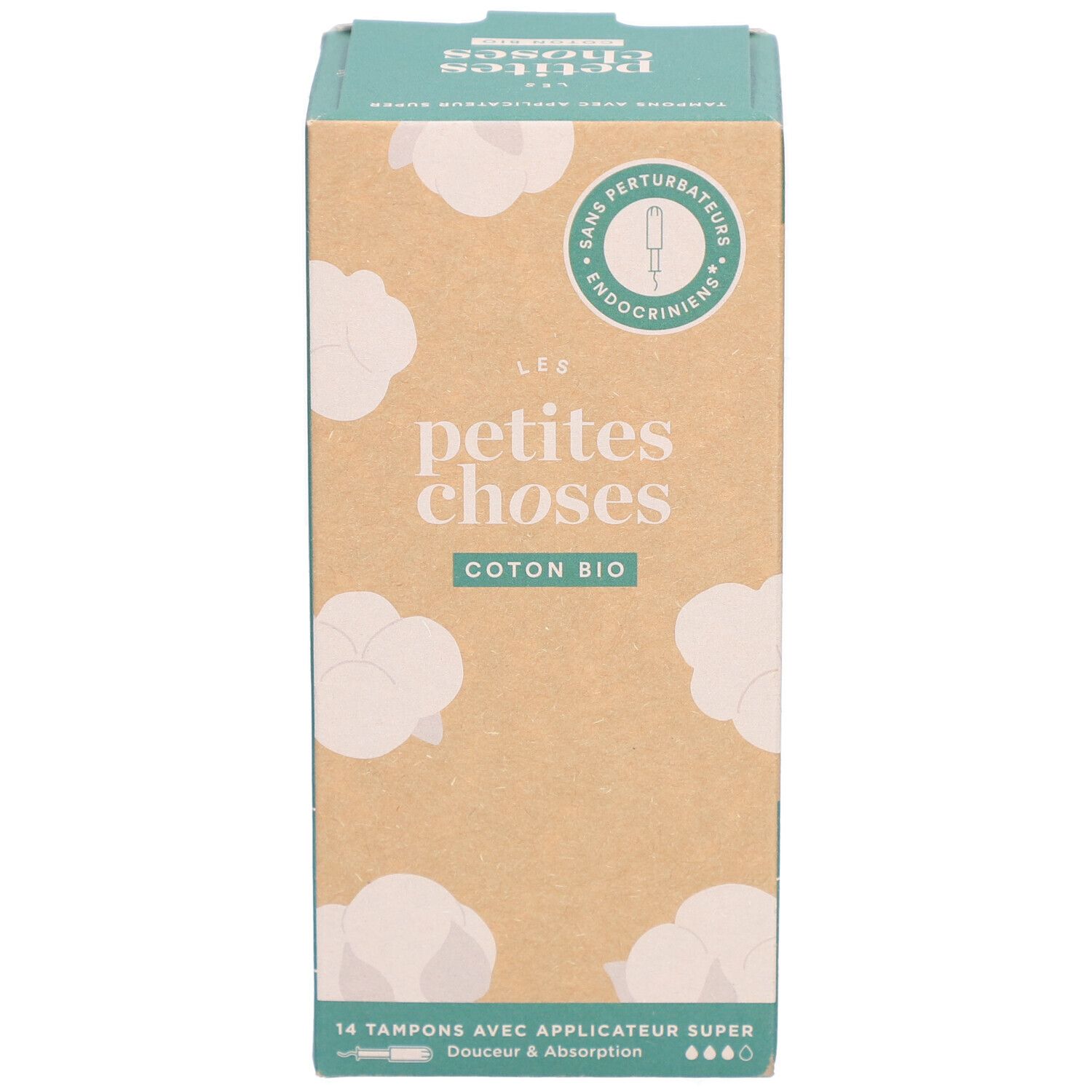 Face avant de la boîte. LES PETITES CHOSES, Coton Bio. 14 tampons avec applicateur Super. Certification.