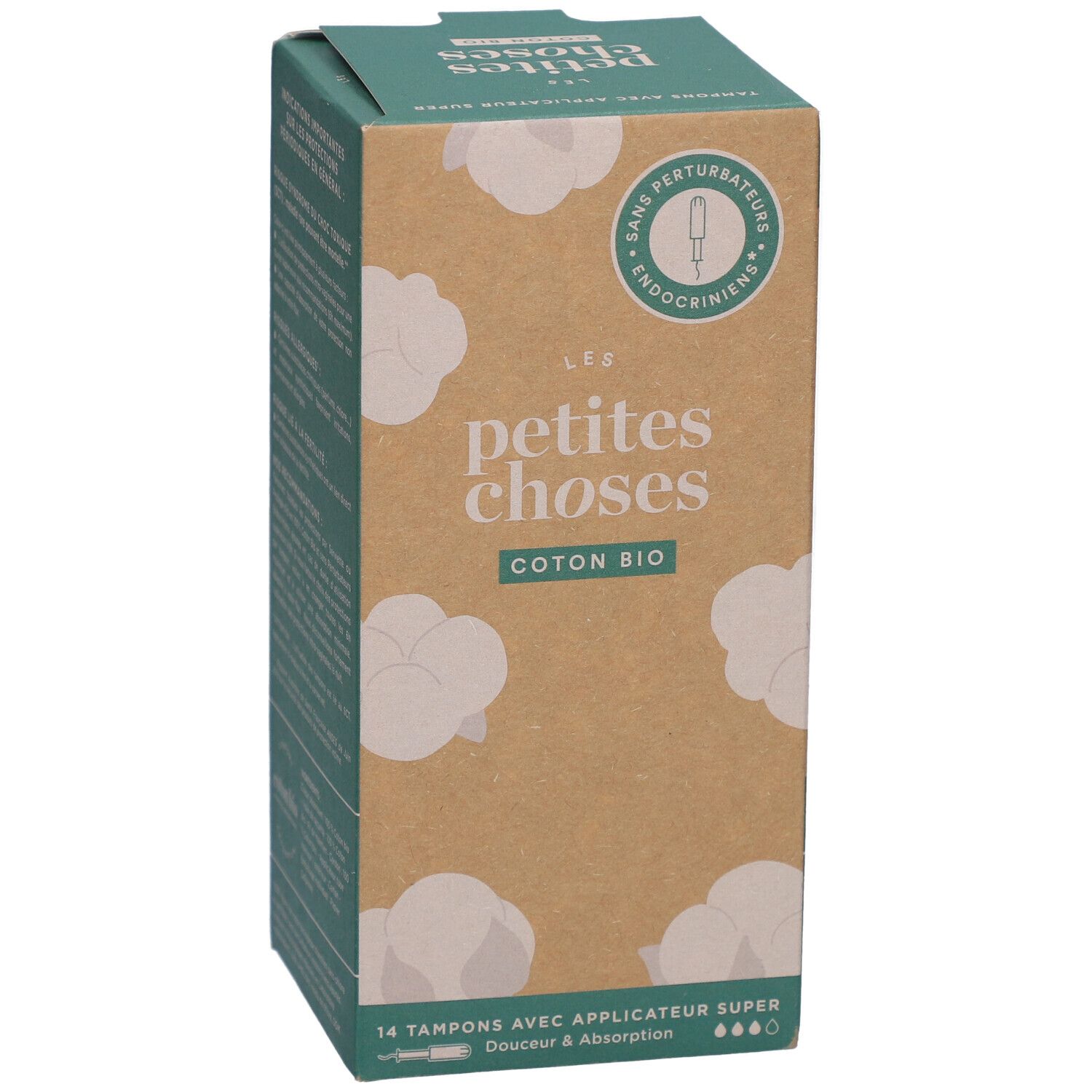 Face avant de la boîte. LES PETITES CHOSES, Coton Bio. 14 tampons avec applicateur Super. Certification.