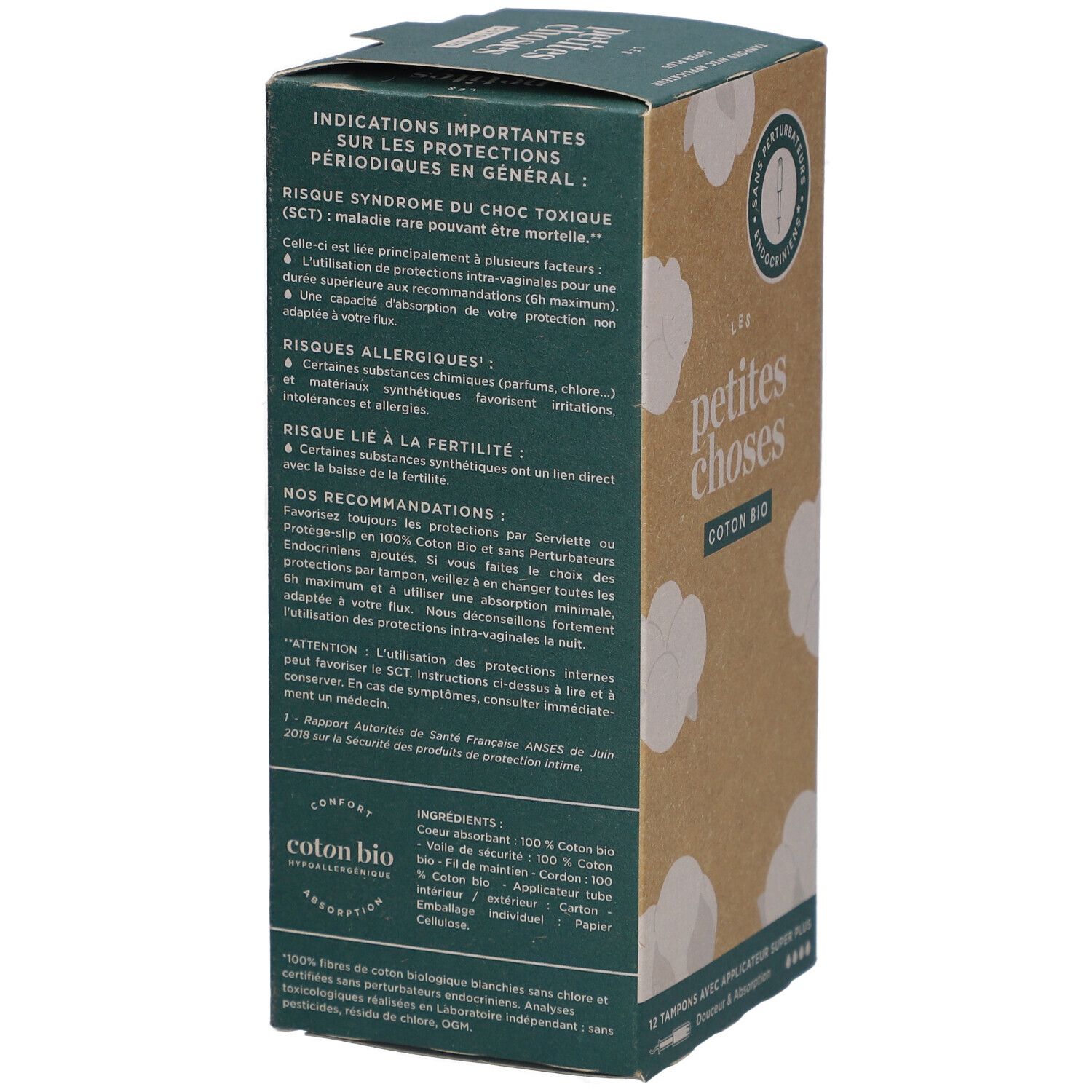 Dos de la boîte. Texte: Informations importantes sur les protections périodiques. Ingrédients: 100% coton bio, applicateur.