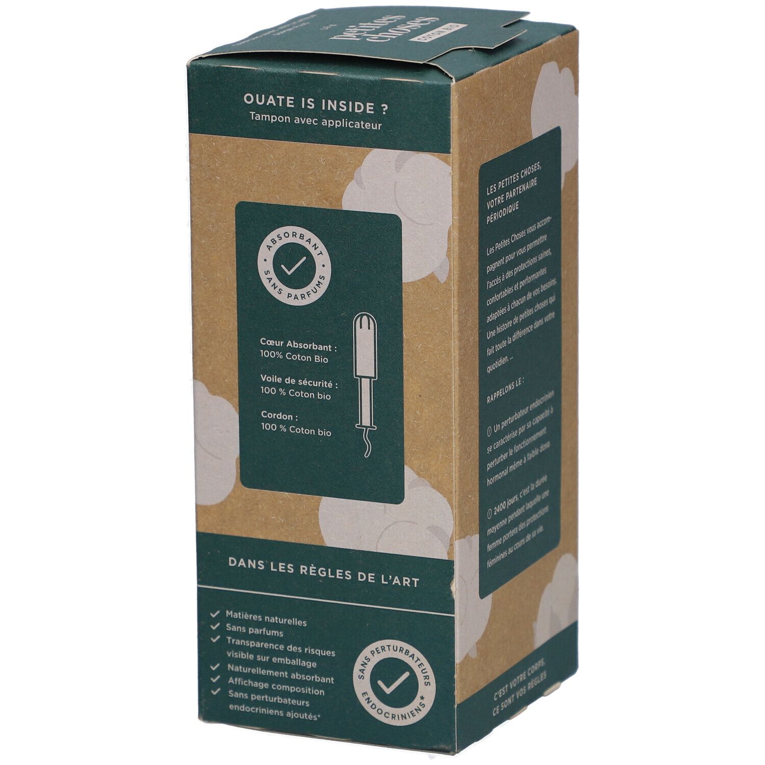 Côté de la boîte. Texte: Ouate is inside? Tampon avec applicateur. Détails sur les ingrédients et certifications.