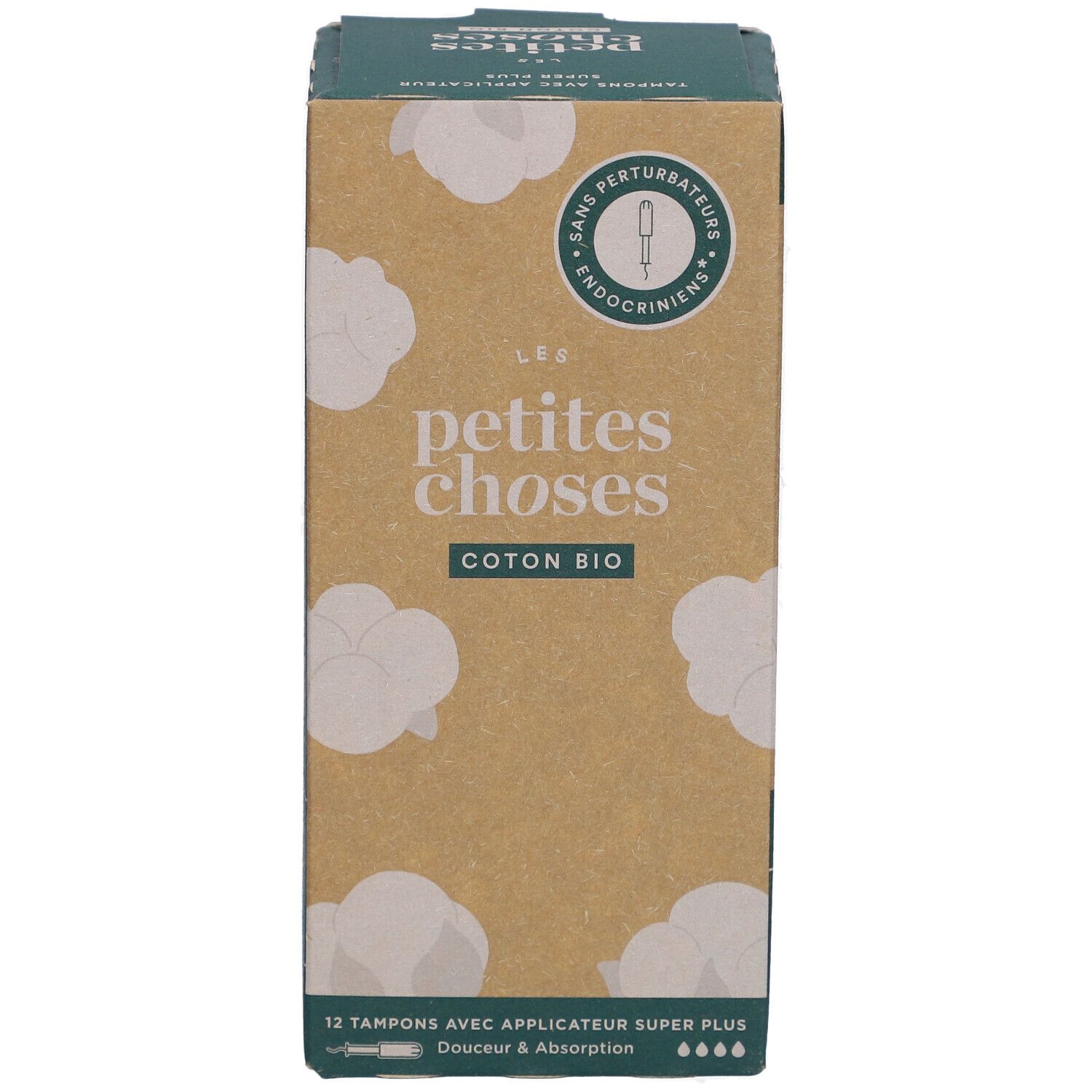 Face avant de la boîte. LES PETITES CHOSES Coton Bio. 12 tampons avec applicateur Super Plus. Sans perturbateurs endocriniens.