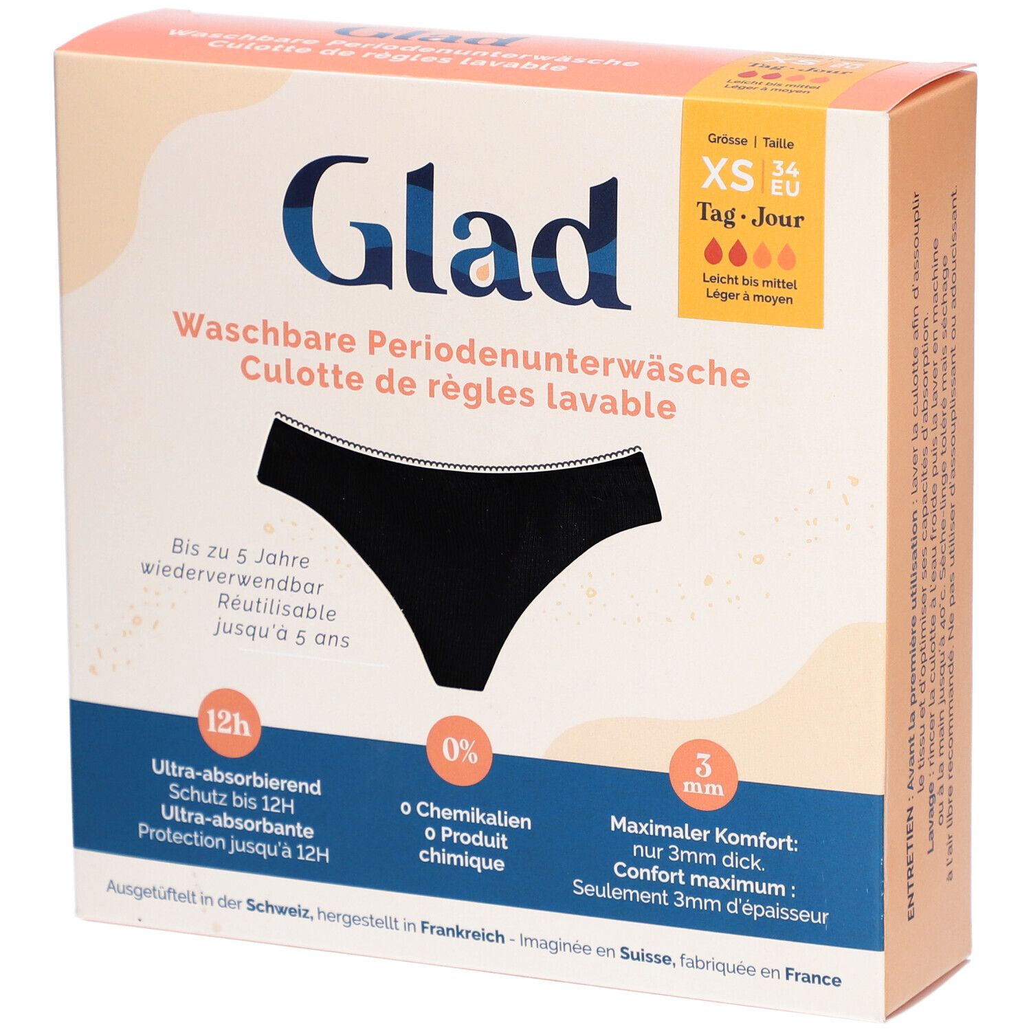 Verpakking van GLAD® menstruatieondergoed. Zwarte slip illustratie. Maat XS, Dag. Wasbaar, tot 5 jaar herbruikbaar.