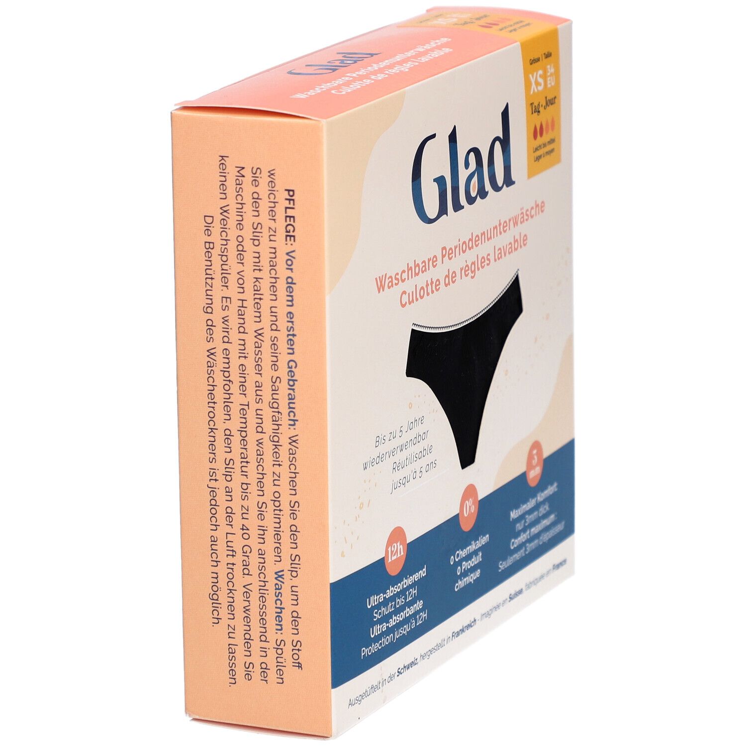 Zijaanzicht van de GLAD® menstruatieondergoed verpakking. Zwarte slip illustratie. Maat XS. Wasbaar, tot 5 jaar herbruikbaar.
