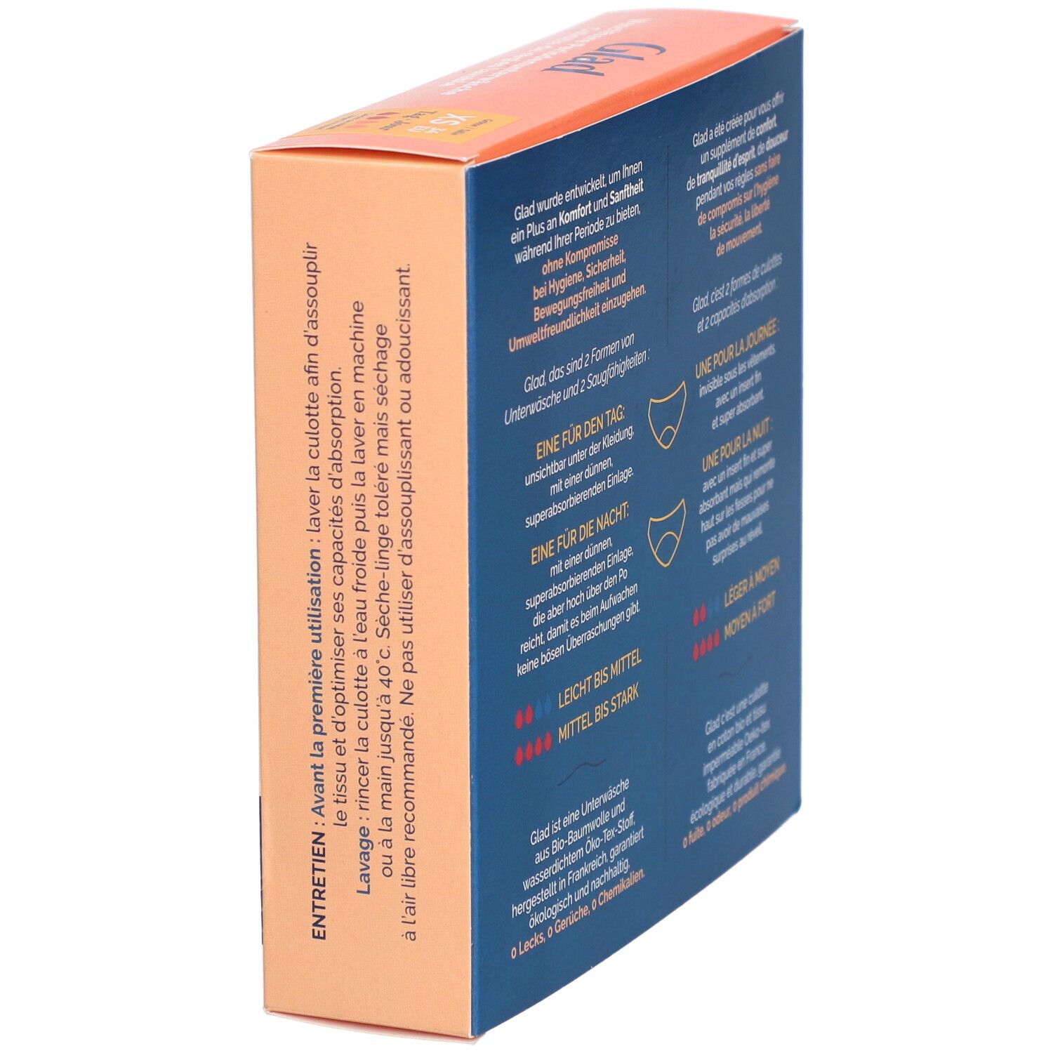 Zijaanzicht van de GLAD® menstruatieondergoed verpakking. Informatie over comfort, veiligheid, beweging en milieu. Twee absorptiecapaciteiten.