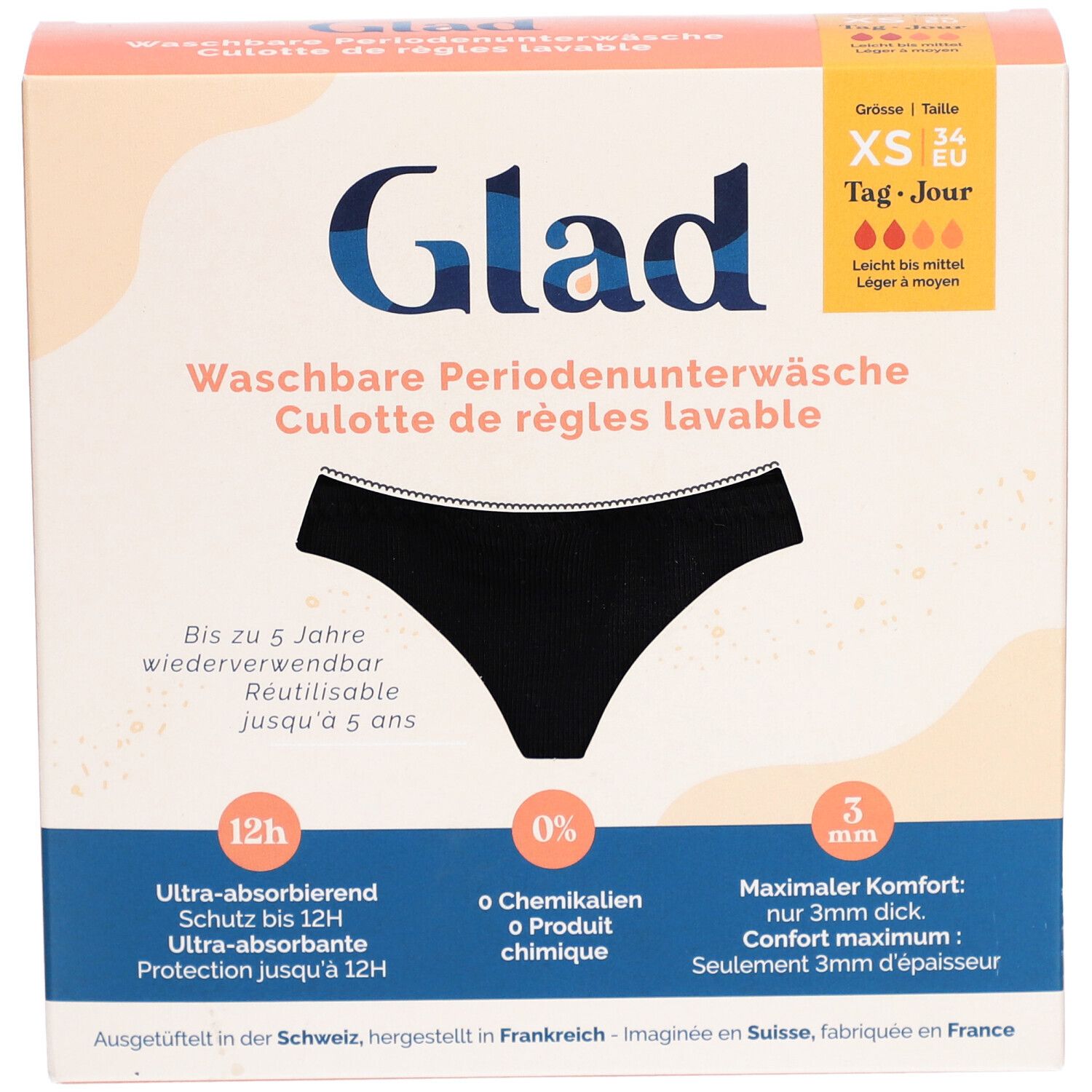GLAD® menstruatieondergoed verpakking. Zwarte slip illustratie. Maat XS, Dag. Wasbaar, tot 5 jaar herbruikbaar. 12u bescherming.