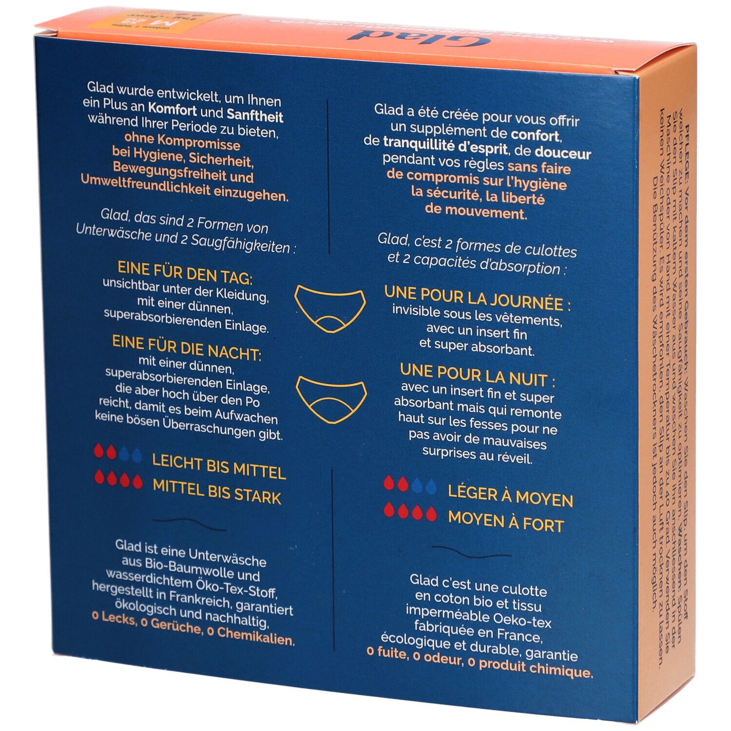 Dos de la boîte GLAD® culotte de règles. Informations sur les capacités d'absorption. Taille M, Jour. Lavable, réutilisable.