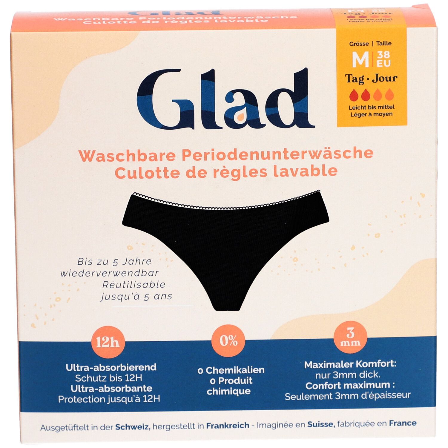 Boîte de GLAD® culotte de règles. Culotte noire. Taille M, Jour. Lavable, réutilisable. Protection 12h.