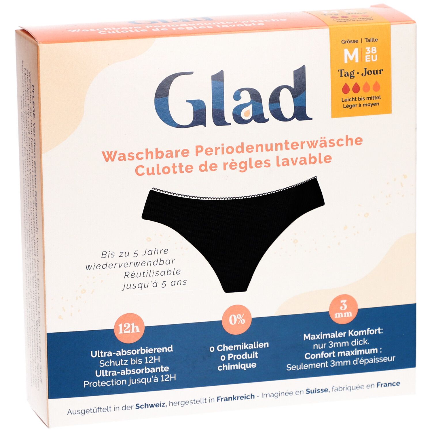 Boîte de GLAD® culotte de règles. Culotte noire. Taille M, Jour. Lavable, réutilisable. Protection 12h.