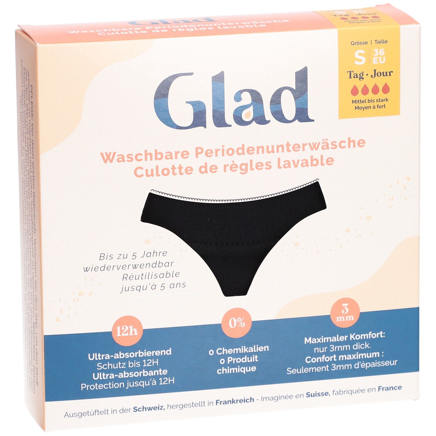 GLAD menstruatie-onderbroek verpakking. Zwarte onderbroek, maat S. Wasbaar, 12u bescherming, 0% chemicaliën, 3mm comfort.