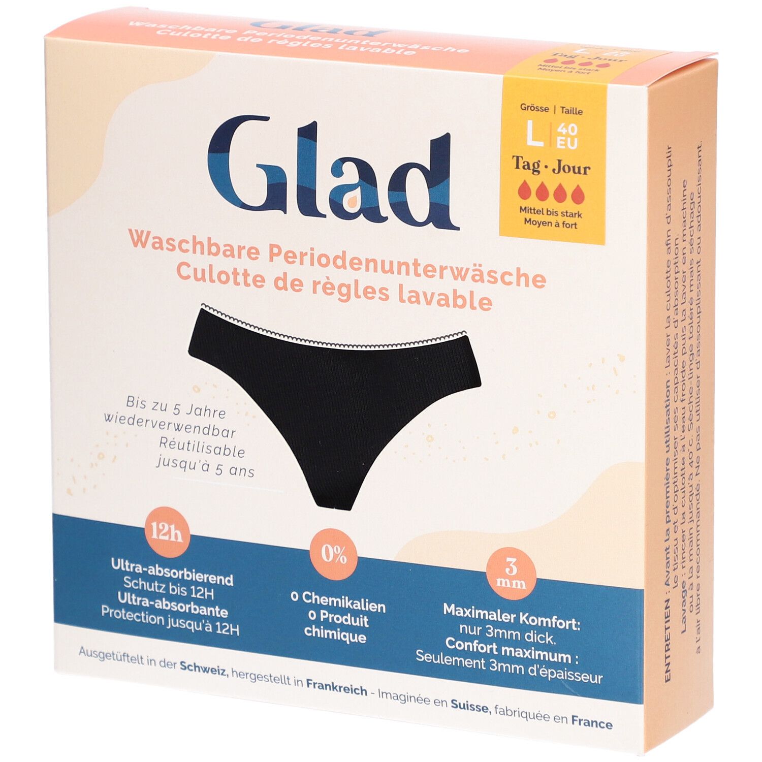 Zwarte GLAD menstruatie-onderbroek in doos. Wasbaar, ultra-absorberend, 12u bescherming. Maat L, 40 EU. 3mm comfort. Zonder chemicaliën.