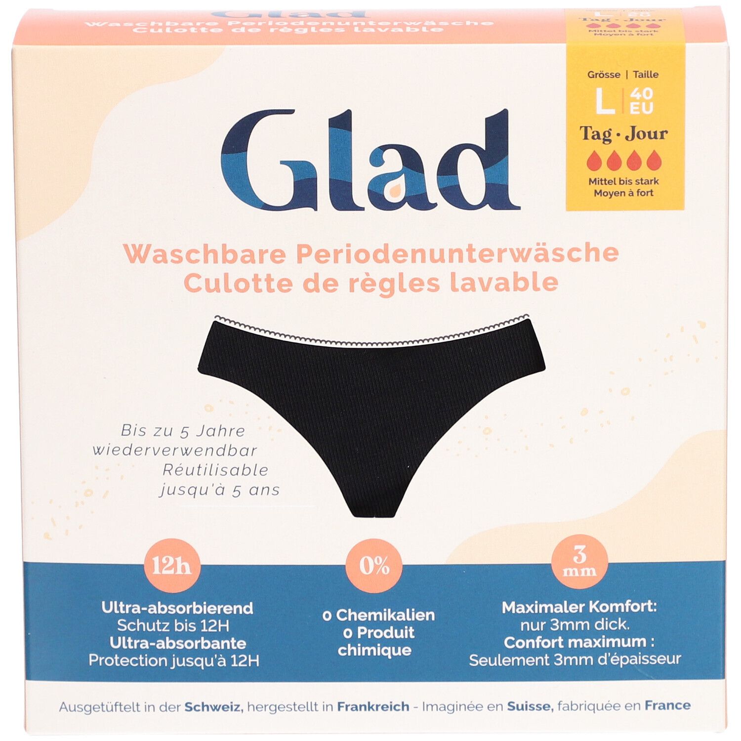 Zwarte GLAD menstruatie-onderbroek in doos. Wasbaar, ultra-absorberend, 12u bescherming. Maat L, 40 EU. 3mm comfort. Zonder chemicaliën.