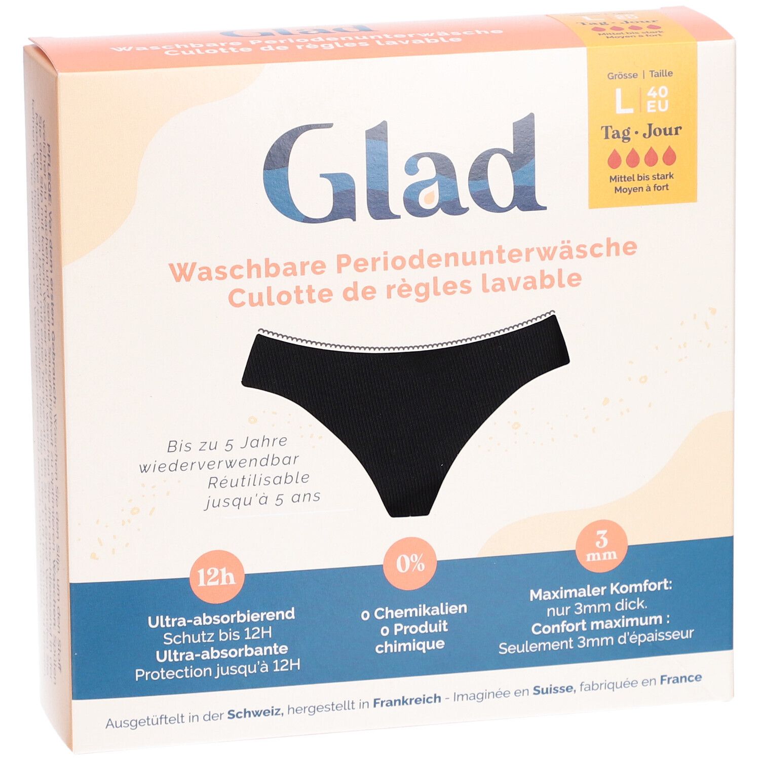 Zwarte GLAD menstruatie-onderbroek in doos. Wasbaar, ultra-absorberend, 12u bescherming. Maat L, 40 EU. 3mm comfort. Zonder chemicaliën.