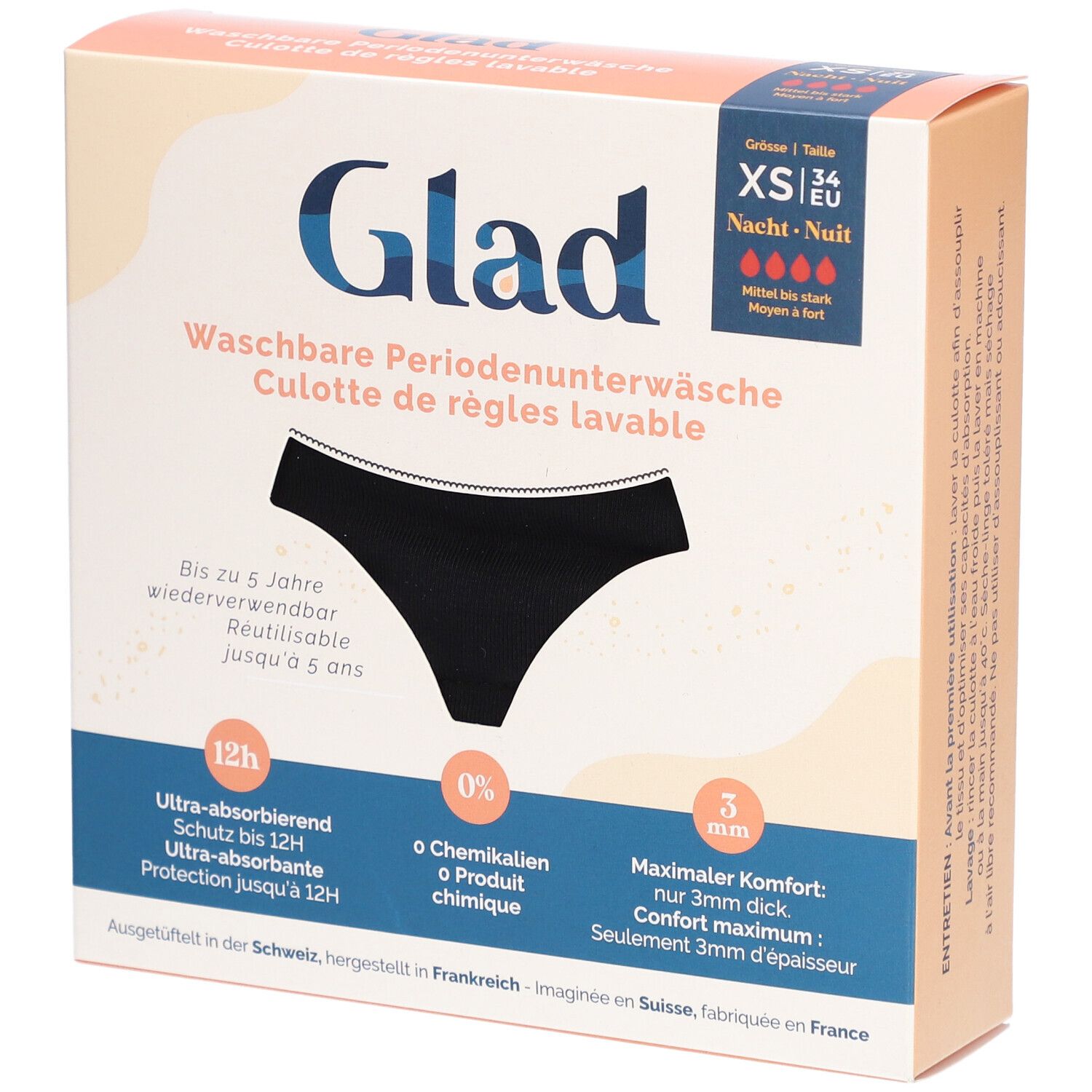 Verpakking met zwarte GLAD Nacht menstruatieonderbroek XS. Wasbaar, tot 5 jaar herbruikbaar. Ultra-absorberend, 0% chemicaliën, 3mm dik.