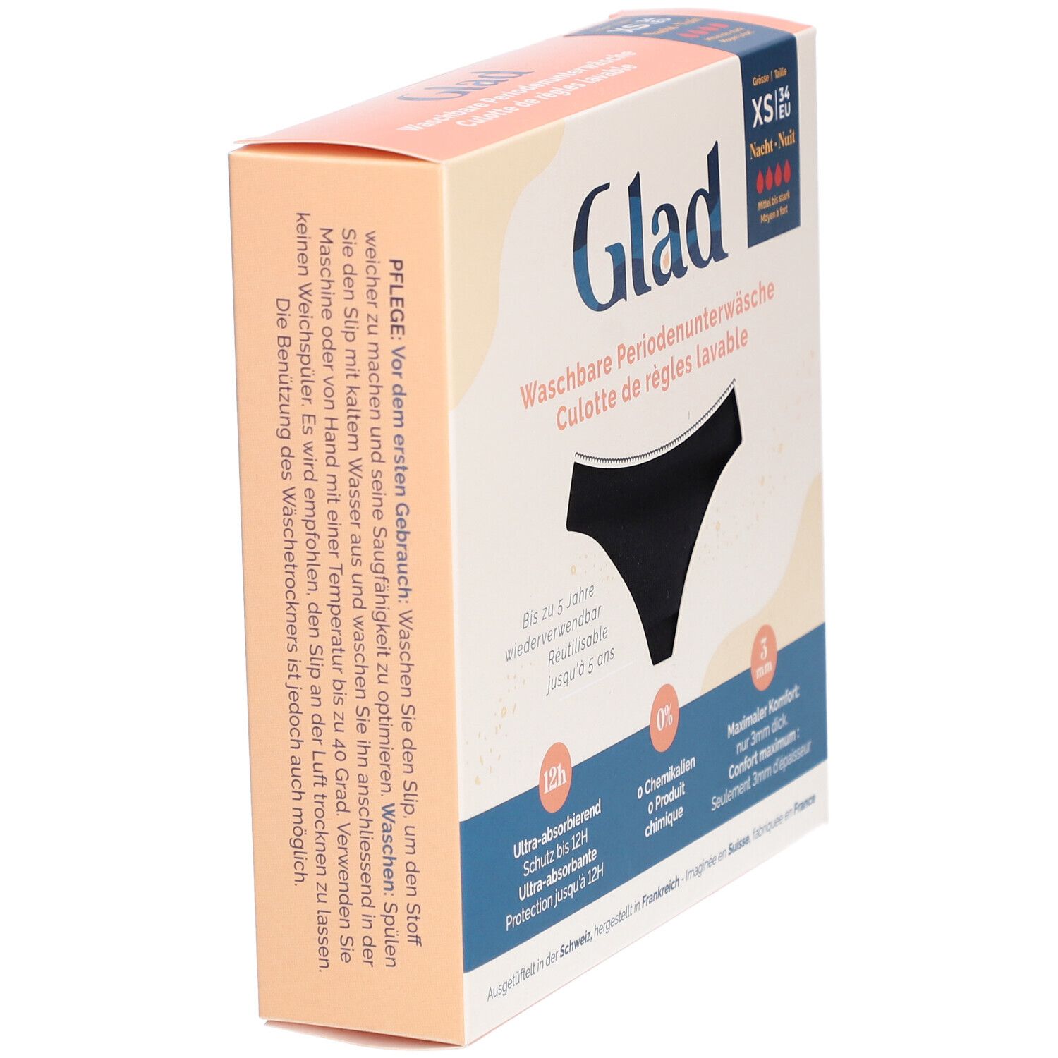 Verpakking van GLAD Nacht menstruatieonderbroek XS. Zwarte onderbroek afgebeeld. Onderhoudsinstructies op de zijkant. Wasbaar, herbruikbaar.