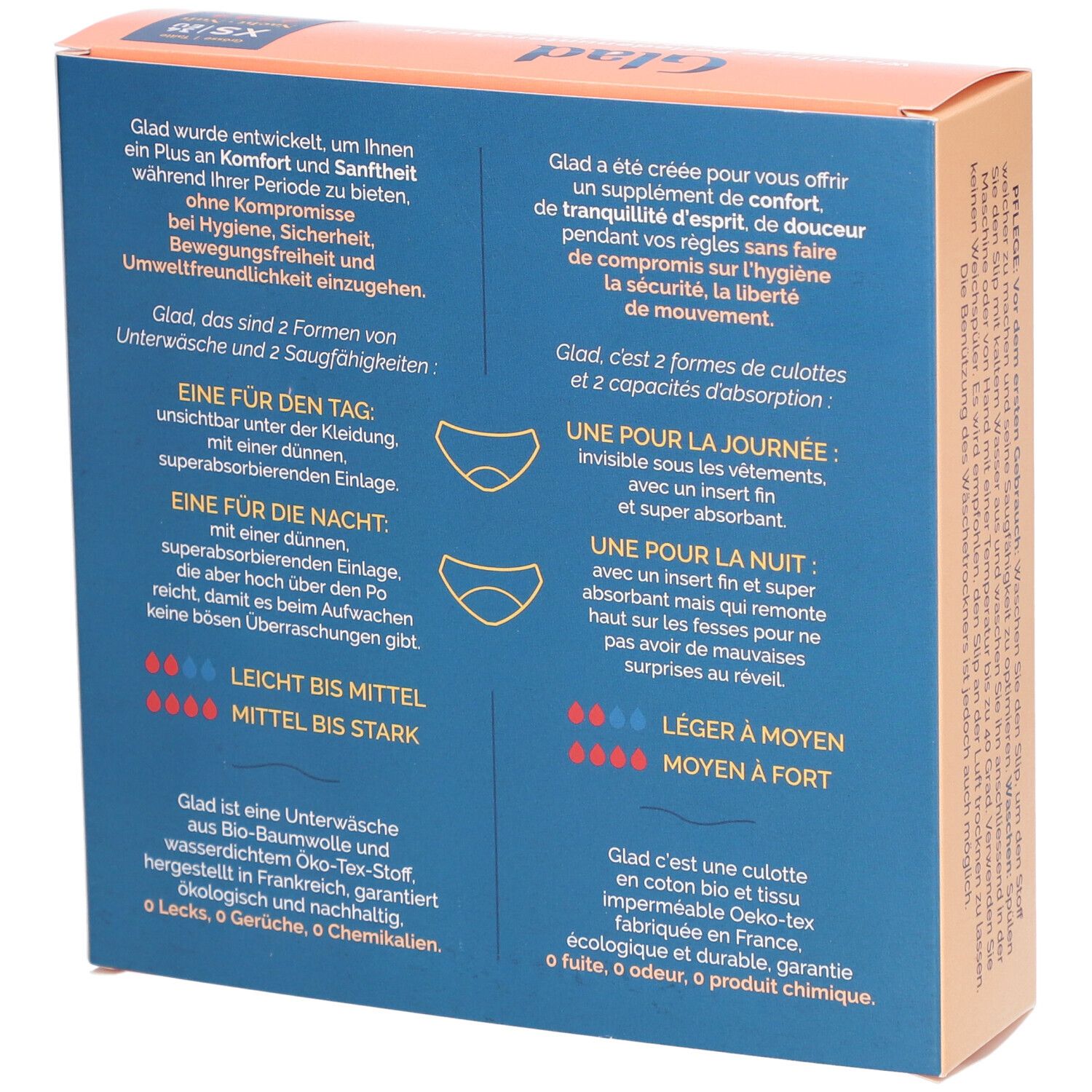 Achterkant van de verpakking van GLAD Nacht menstruatieonderbroek XS. Informatie over kenmerken en gebruik. Öko-Tex stof.
