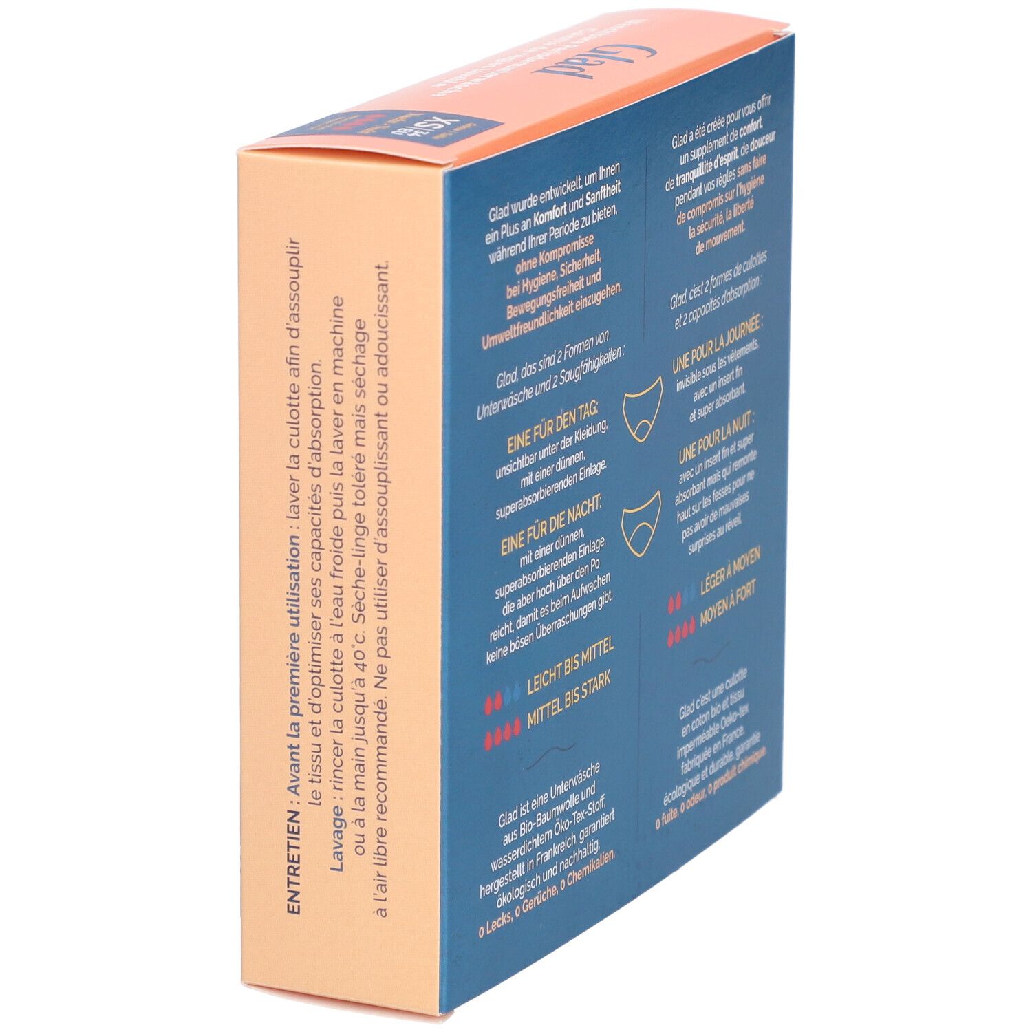 Zijaanzicht van de verpakking van GLAD Nacht menstruatieonderbroek XS. Informatie over kenmerken en gebruik. Öko-Tex stof.