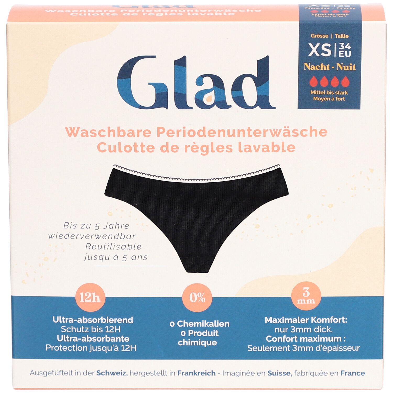 Verpakking met zwarte GLAD Nacht menstruatieonderbroek XS. Wasbaar, tot 5 jaar herbruikbaar. Ultra-absorberend, 0% chemicaliën, 3mm dik.