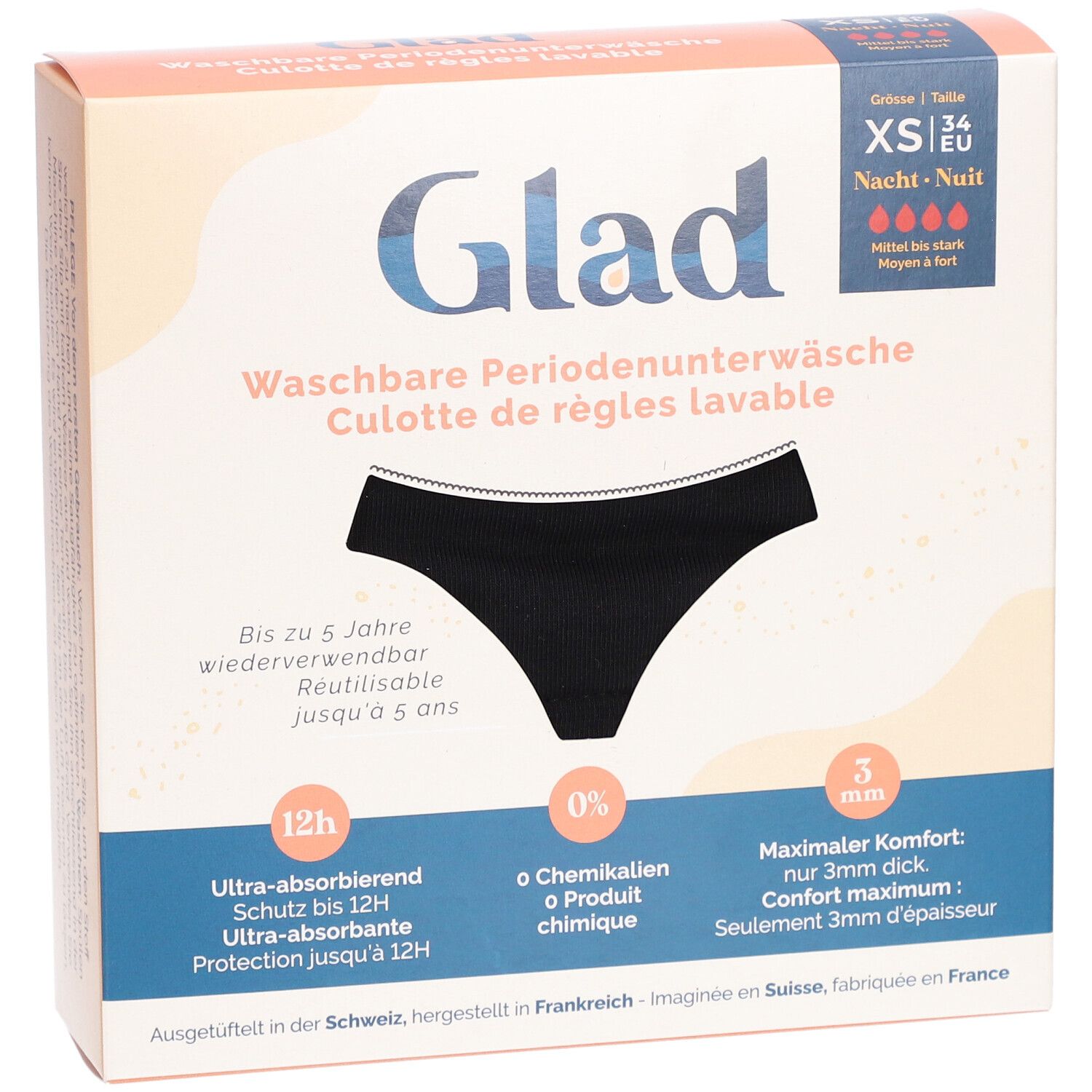 Verpakking met zwarte GLAD Nacht menstruatieonderbroek XS. Wasbaar, tot 5 jaar herbruikbaar. Ultra-absorberend, 0% chemicaliën, 3mm dik.