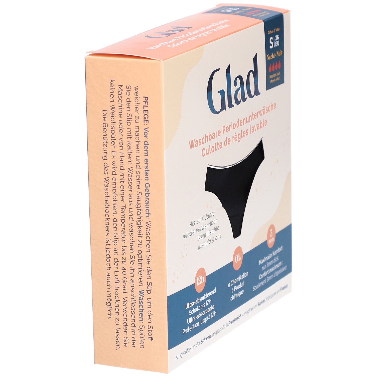 Verpakking van de Glad menstruatie onderbroek. Zwart ondergoed afgebeeld. Tekst: Wasbare menstruatie onderbroek. Maat S. Onderhoudsinstructies.