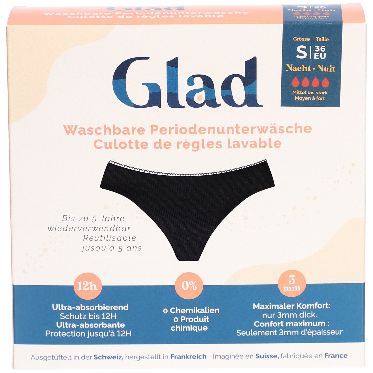 Verpakking van de Glad menstruatie onderbroek. Zwart ondergoed afgebeeld. Maat S. Wasbaar, tot 5 jaar herbruikbaar. Ultra-absorberend.