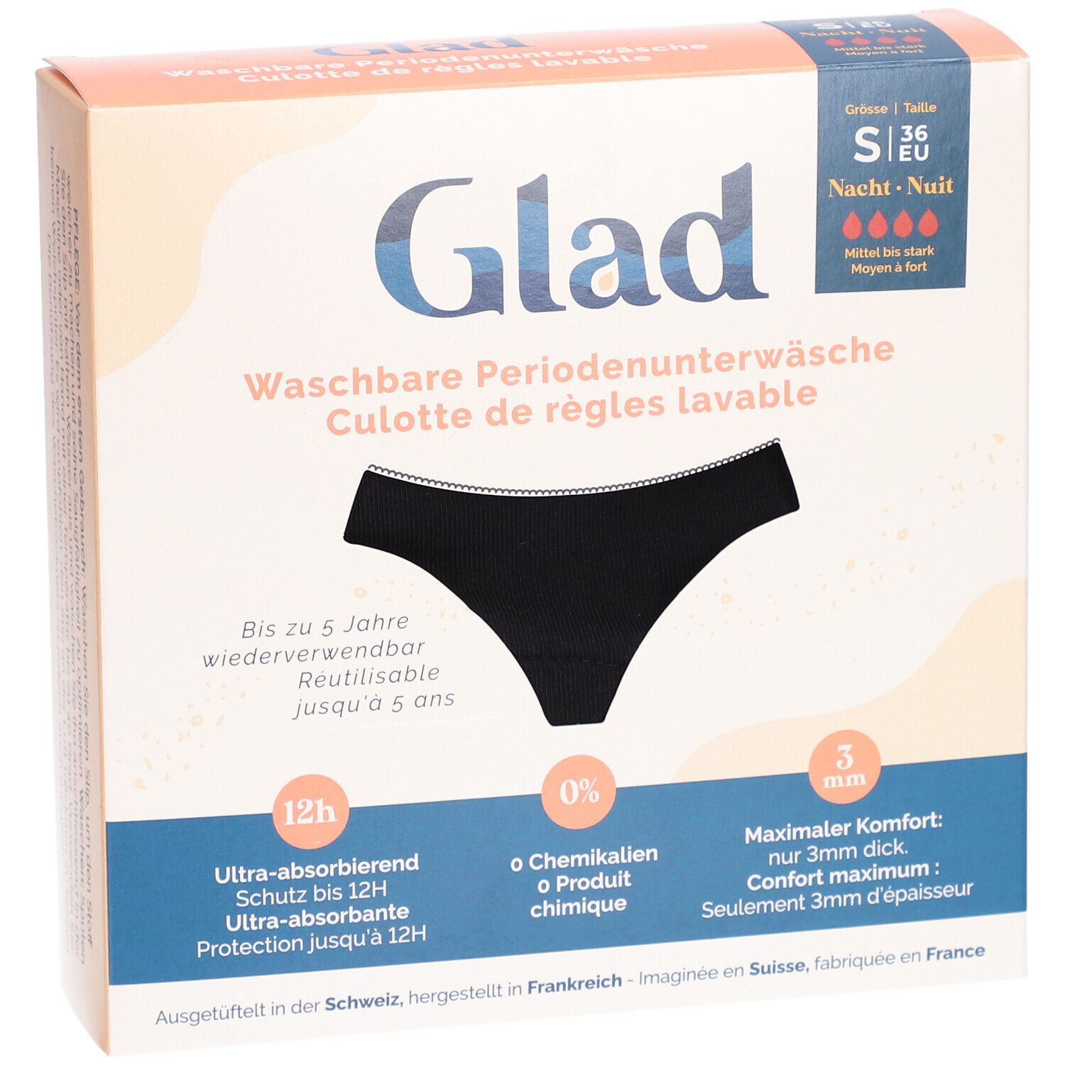 Verpakking van de Glad menstruatie onderbroek. Zwart ondergoed afgebeeld. Maat S. Wasbaar, tot 5 jaar herbruikbaar. Ultra-absorberend.