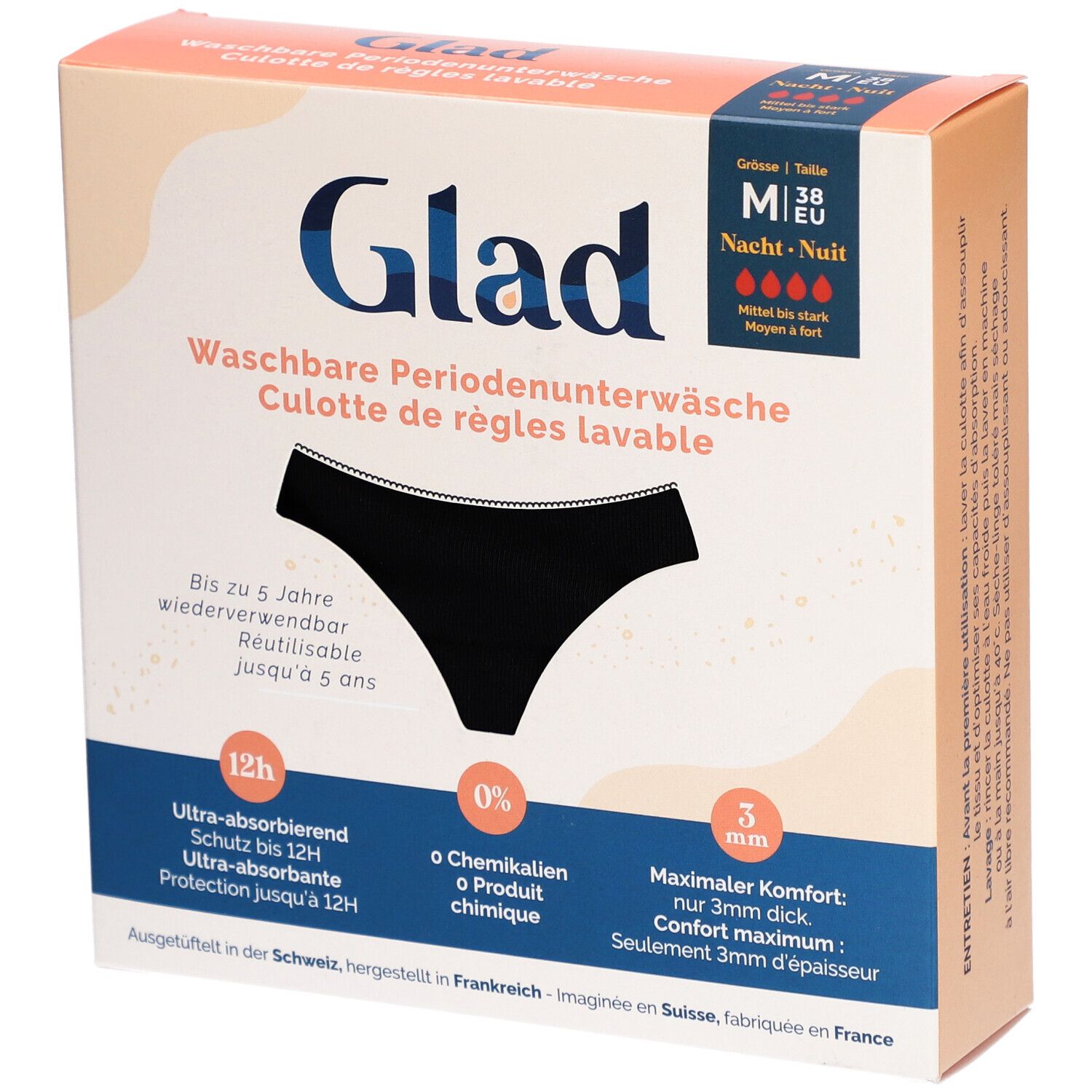 Verpakking van GLAD Nacht Periodenondergoed M sterk. Zwarte slip afgebeeld. Tekst: Waschbare Periodenunterwäsche.