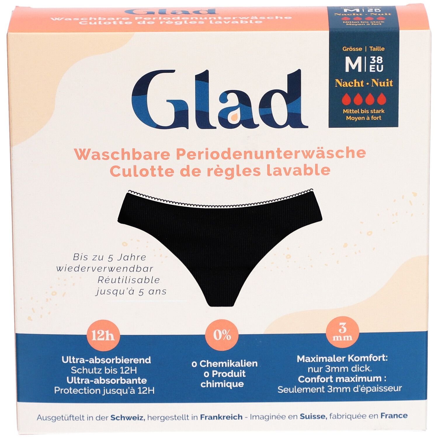 Verpakking van GLAD Nacht Periodenondergoed M sterk. Zwarte slip afgebeeld. Tekst: Waschbare Periodenunterwäsche.