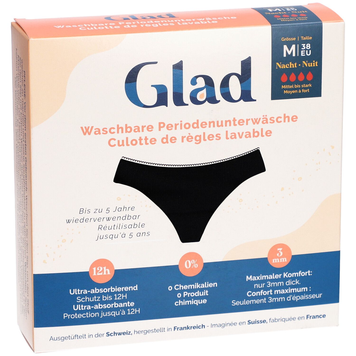 Verpakking van GLAD Nacht Periodenondergoed M sterk. Zwarte slip afgebeeld. Tekst: Waschbare Periodenunterwäsche.