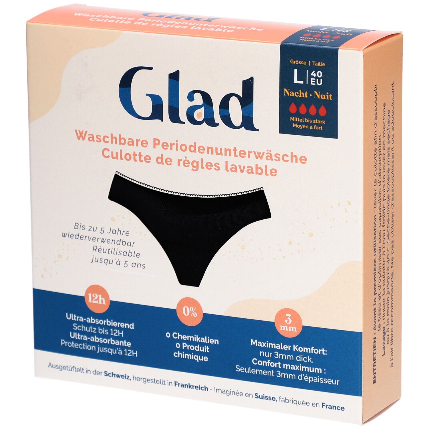 Zwarte GLAD menstruatieonderbroek in doos. Maat L, nacht. Wasbaar, tot 12u bescherming, 0% chemicaliën, 3mm comfort. Gemaakt in Frankrijk.