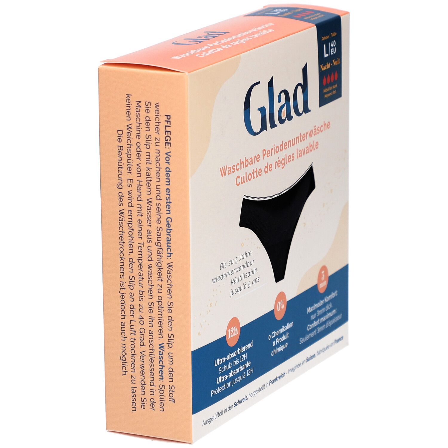 Doos met GLAD menstruatieonderbroek. Maat L, nacht. Wasbaar, tot 12u bescherming, 0% chemicaliën, 3mm comfort. Onderhoudsinstructies.