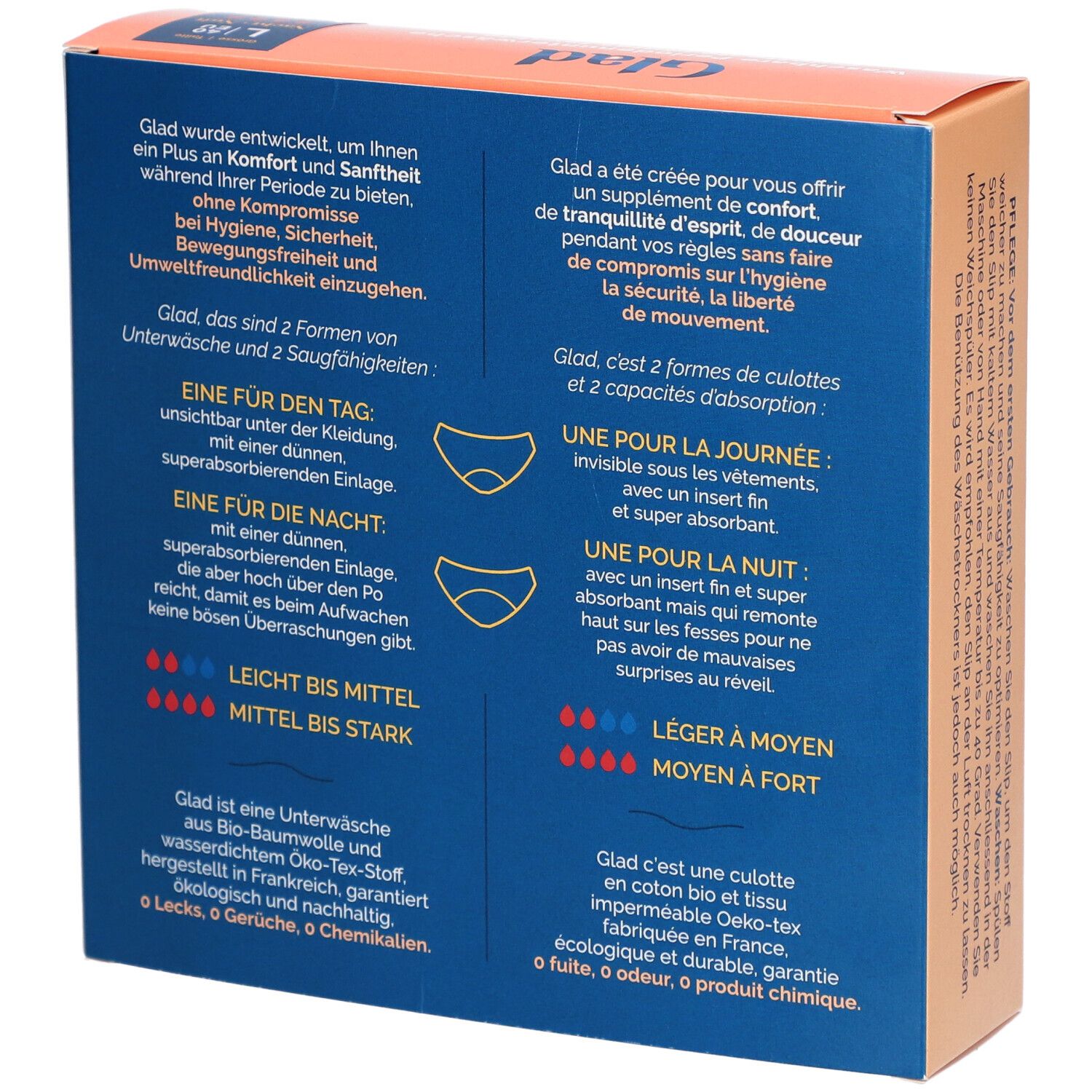 Achterkant van de GLAD doos. Informatie over de twee soorten ondergoed en absorptievermogen. Öko-Tex certificering. Gemaakt in Frankrijk.