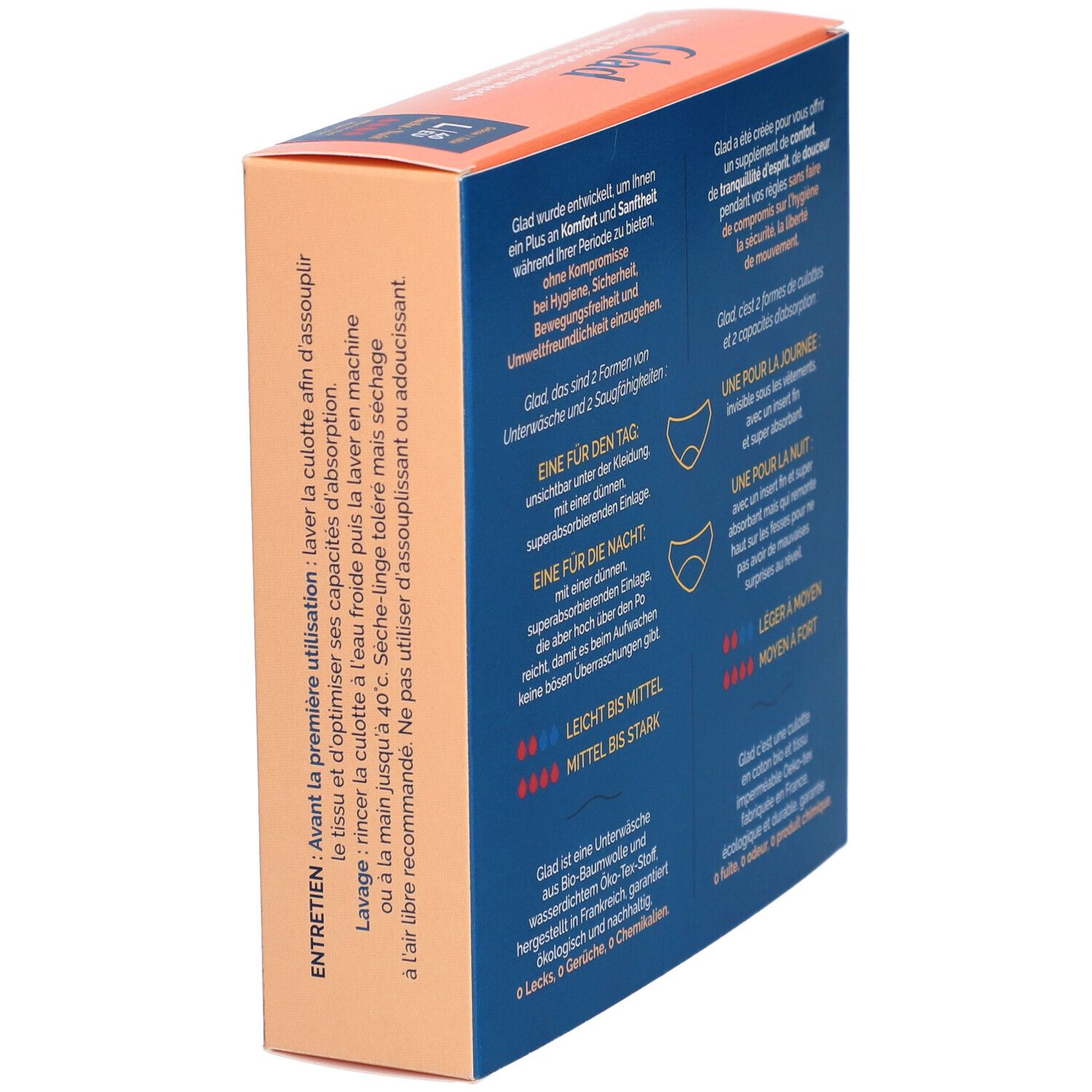 Achterkant van de GLAD doos. Onderhoudsinstructies en informatie over de twee soorten ondergoed. Öko-Tex certificering. Gemaakt in Frankrijk.