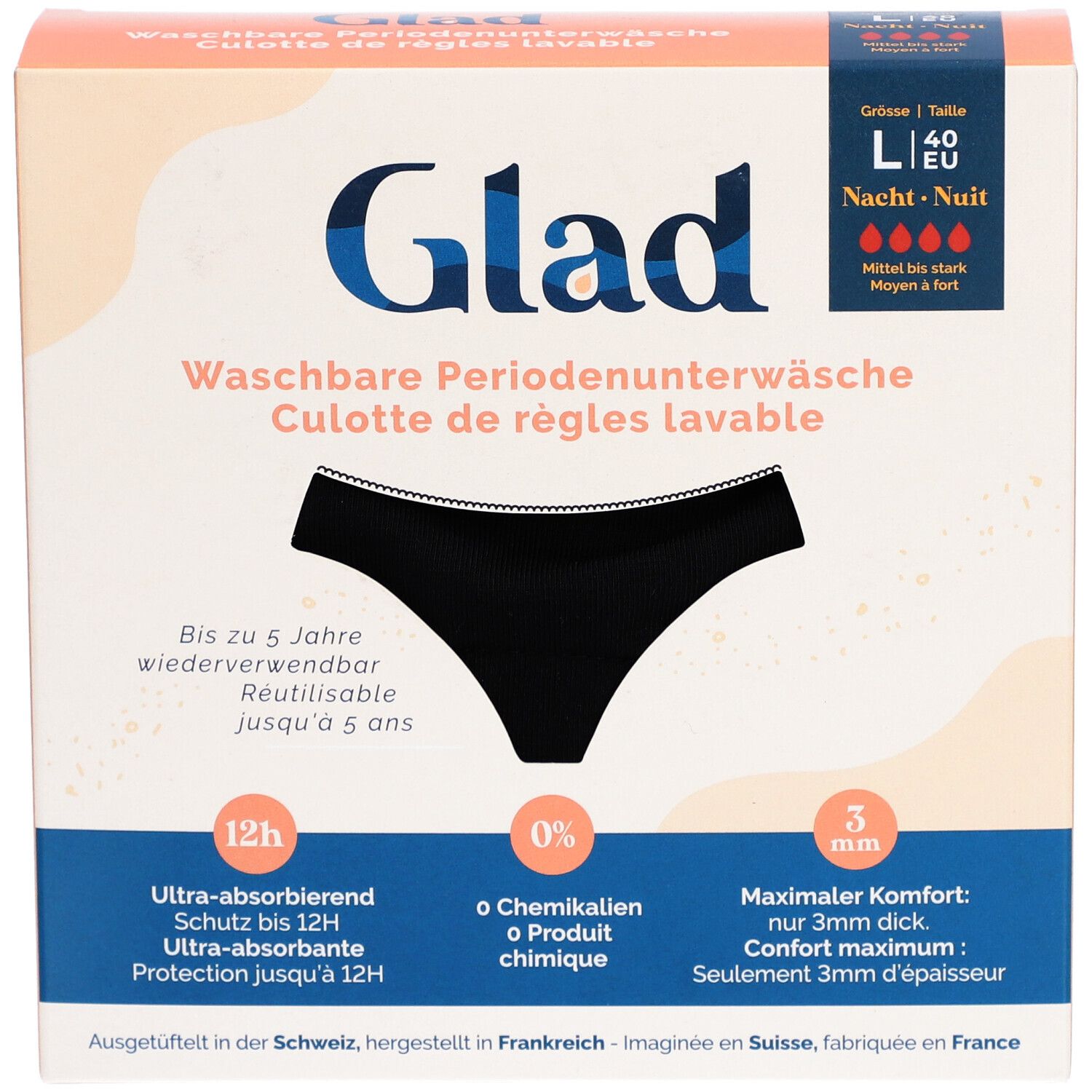 GLAD menstruatieonderbroek in doos. Maat L, nacht. Wasbaar, tot 12u bescherming, 0% chemicaliën, 3mm comfort. Gemaakt in Frankrijk.