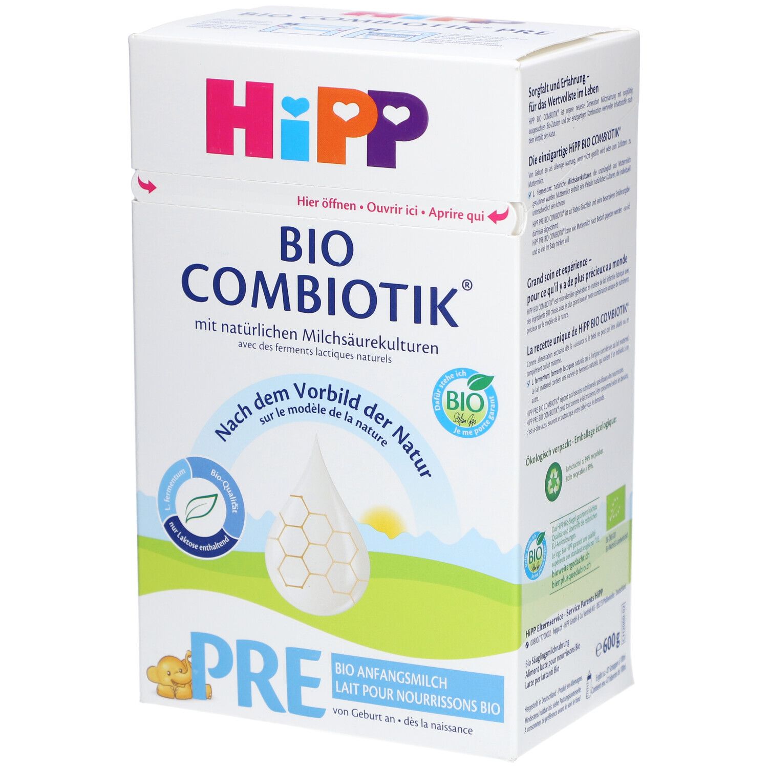 Boîte de lait infantile HiPP Bio Combiotik PRE. Informations produit et logo. Label bio.