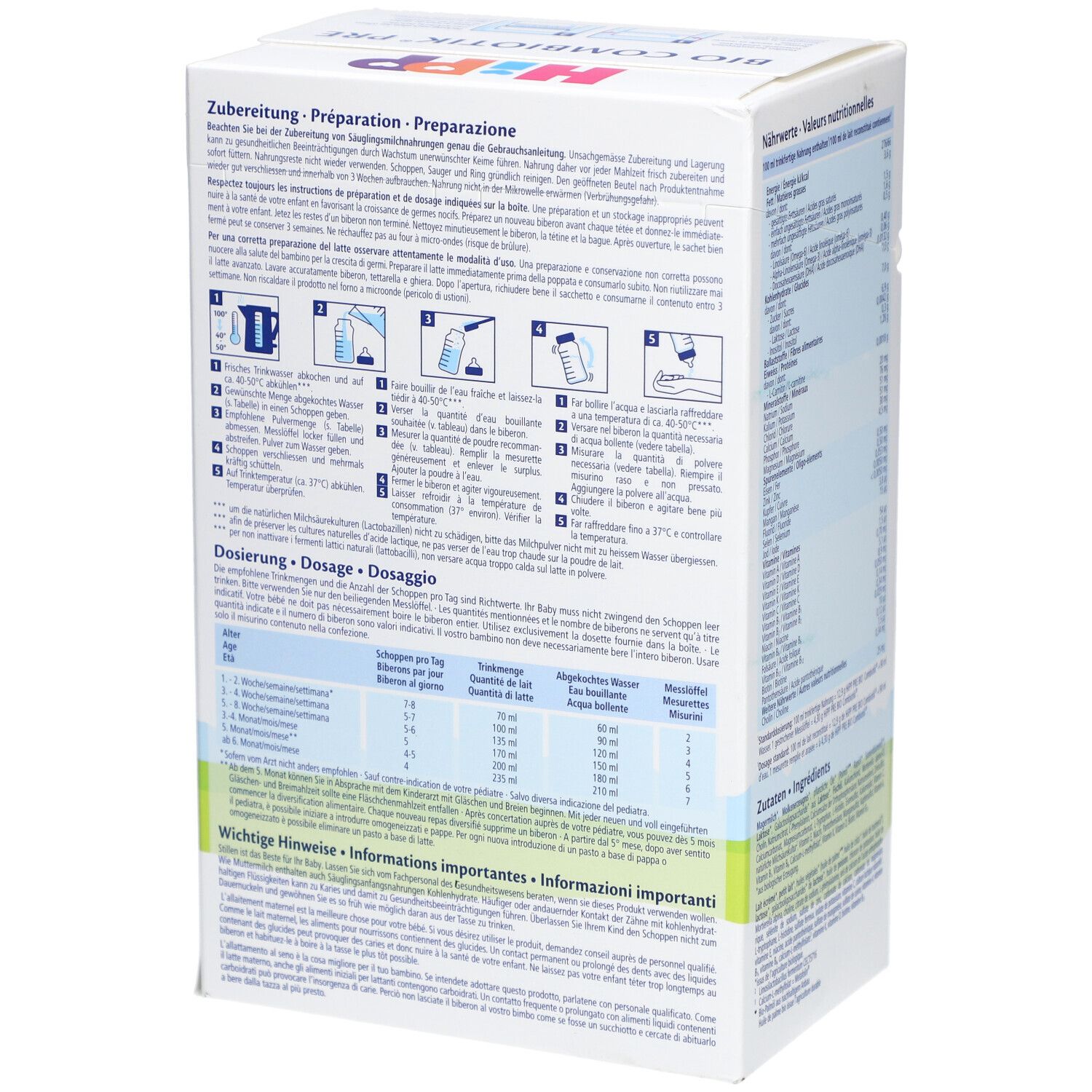 Boîte HiPP Bio Combiotik PRE. Instructions de préparation et tableau de dosage. Informations produit.