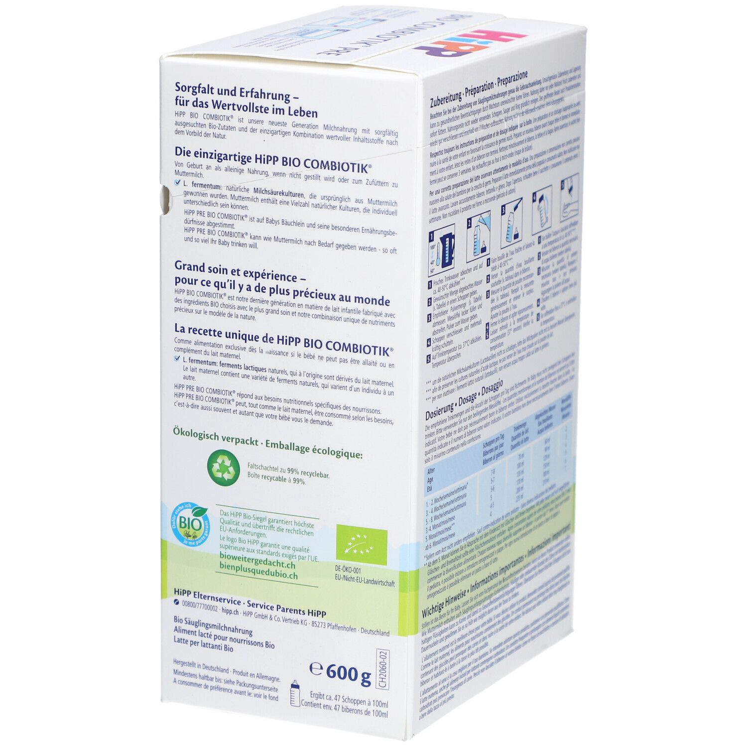 Boîte HiPP Bio Combiotik PRE. Informations produit, texte et logos. Label bio et emballage écologique.