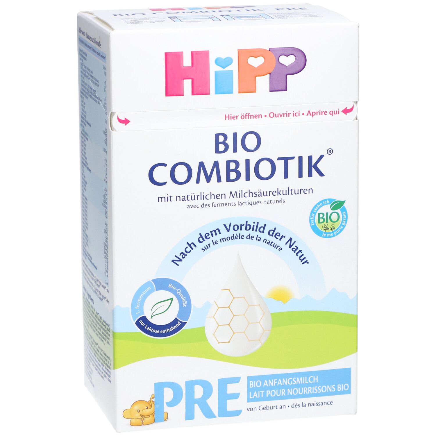 Boîte de lait infantile HiPP Bio Combiotik PRE. Informations produit et logo. Label bio.