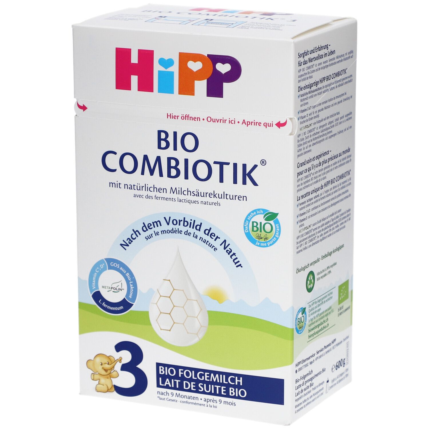 HiPP Bio Combiotik 3-verpakking. Opschriften: Bio, GOS, L. fermentum, 3, opvolgmelk. Wit, blauw, roze, geel.
