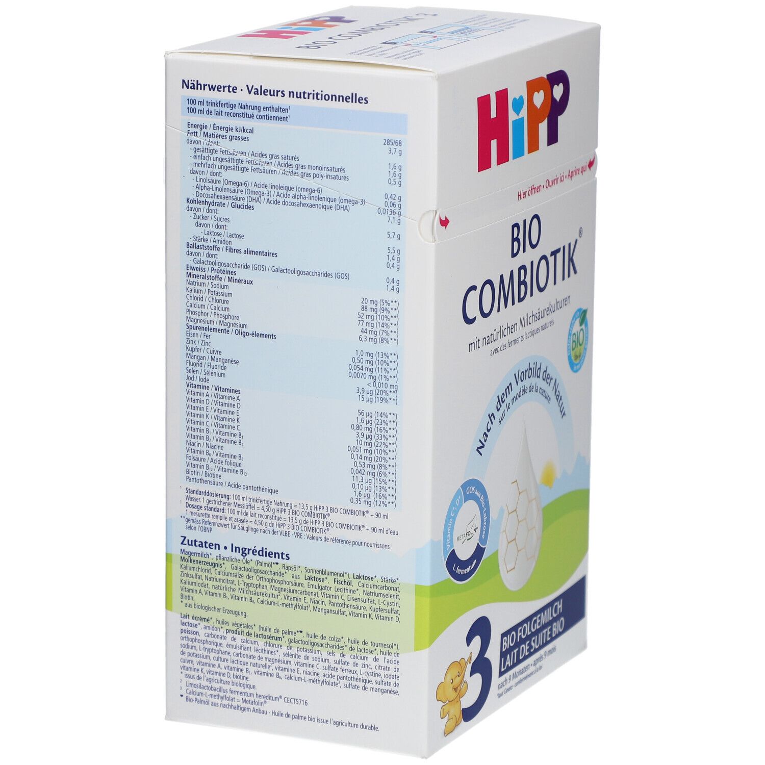 Achterkant van de HiPP Bio Combiotik 3-verpakking. Voedingstabel, ingrediëntenlijst. Tekst in het Duits, Frans, Italiaans, Nederlands.
