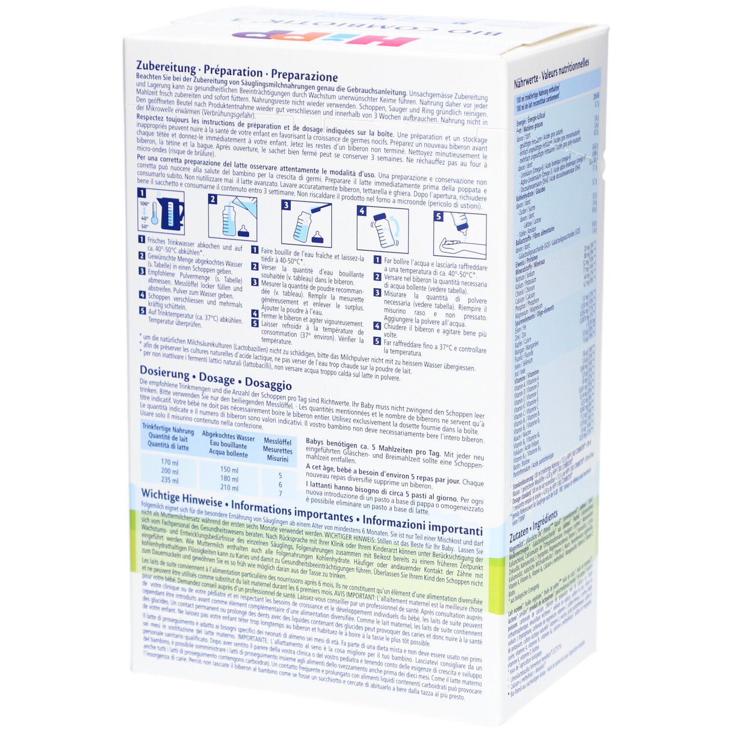HiPP Bio Combiotik 3-verpakking. Bereidingsinstructies in meerdere talen. Illustraties van bereiding.