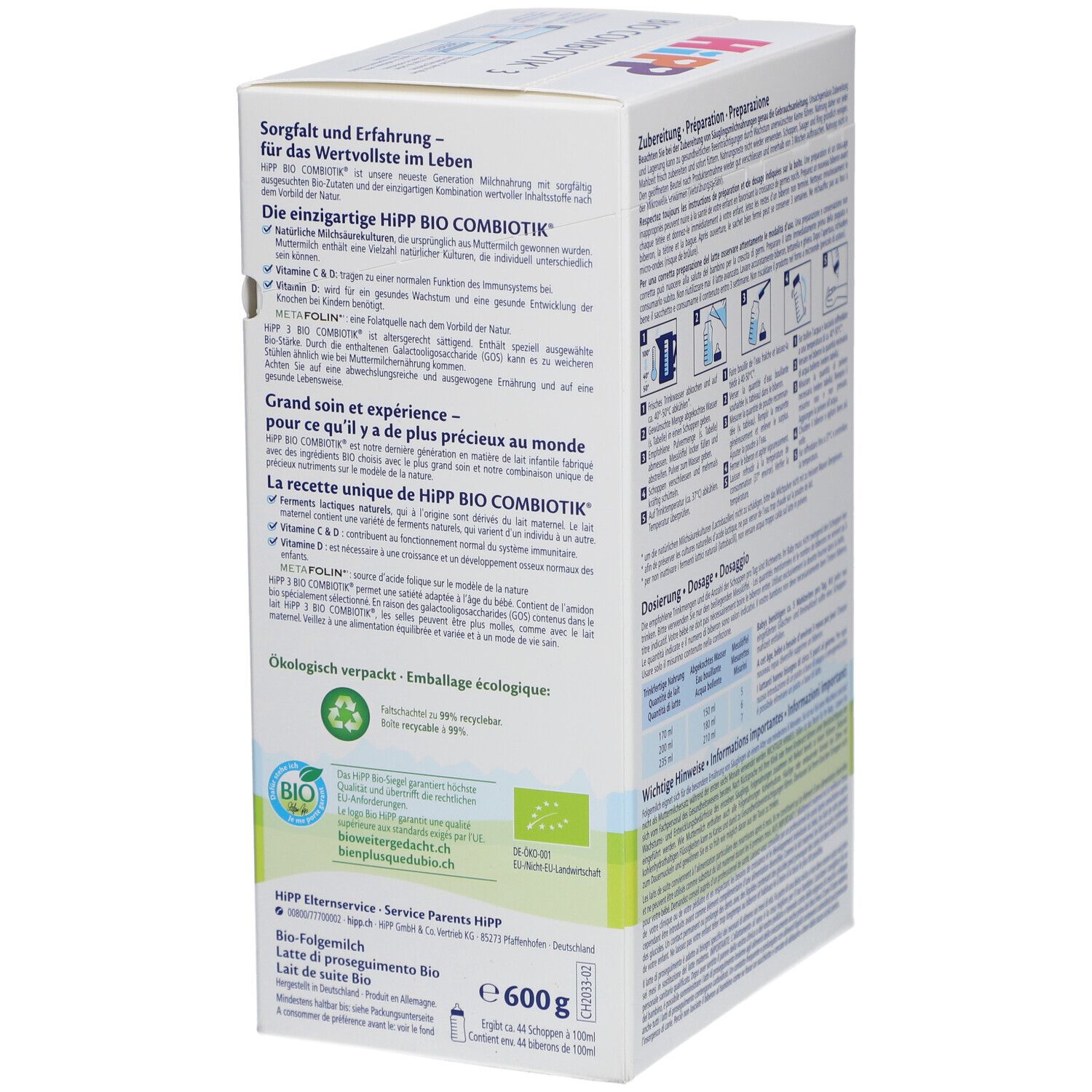 HiPP Bio Combiotik 3-verpakking. Tekst over zorg en ervaring. Ecologische verpakking. Bio-keurmerk.