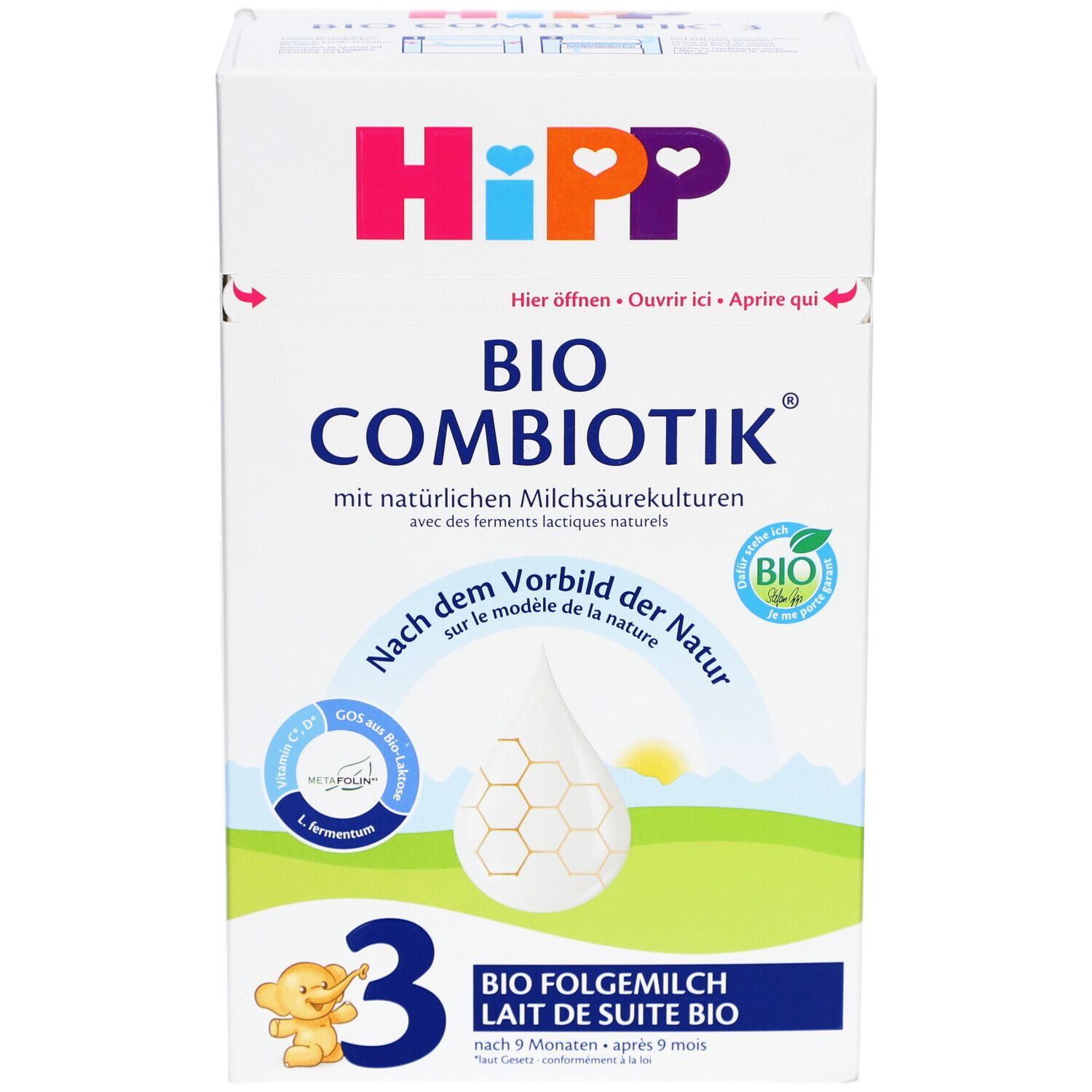 HiPP Bio Combiotik 3-verpakking. Opschriften: Bio, GOS, L. fermentum, 3, opvolgmelk. Wit, blauw, roze, geel.