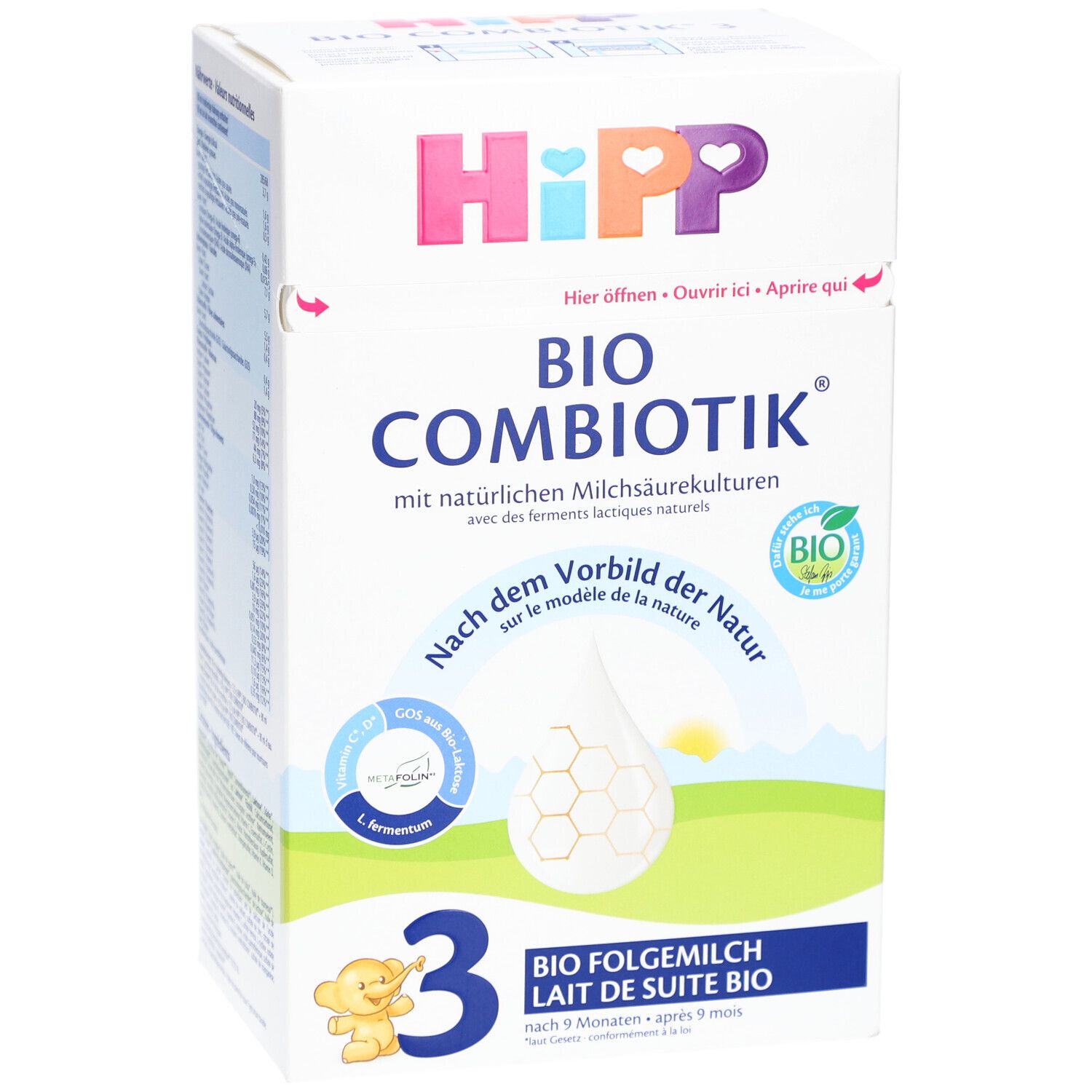 HiPP Bio Combiotik 3-verpakking. Opschriften: Bio, GOS, L. fermentum, 3, opvolgmelk. Wit, blauw, roze, geel.