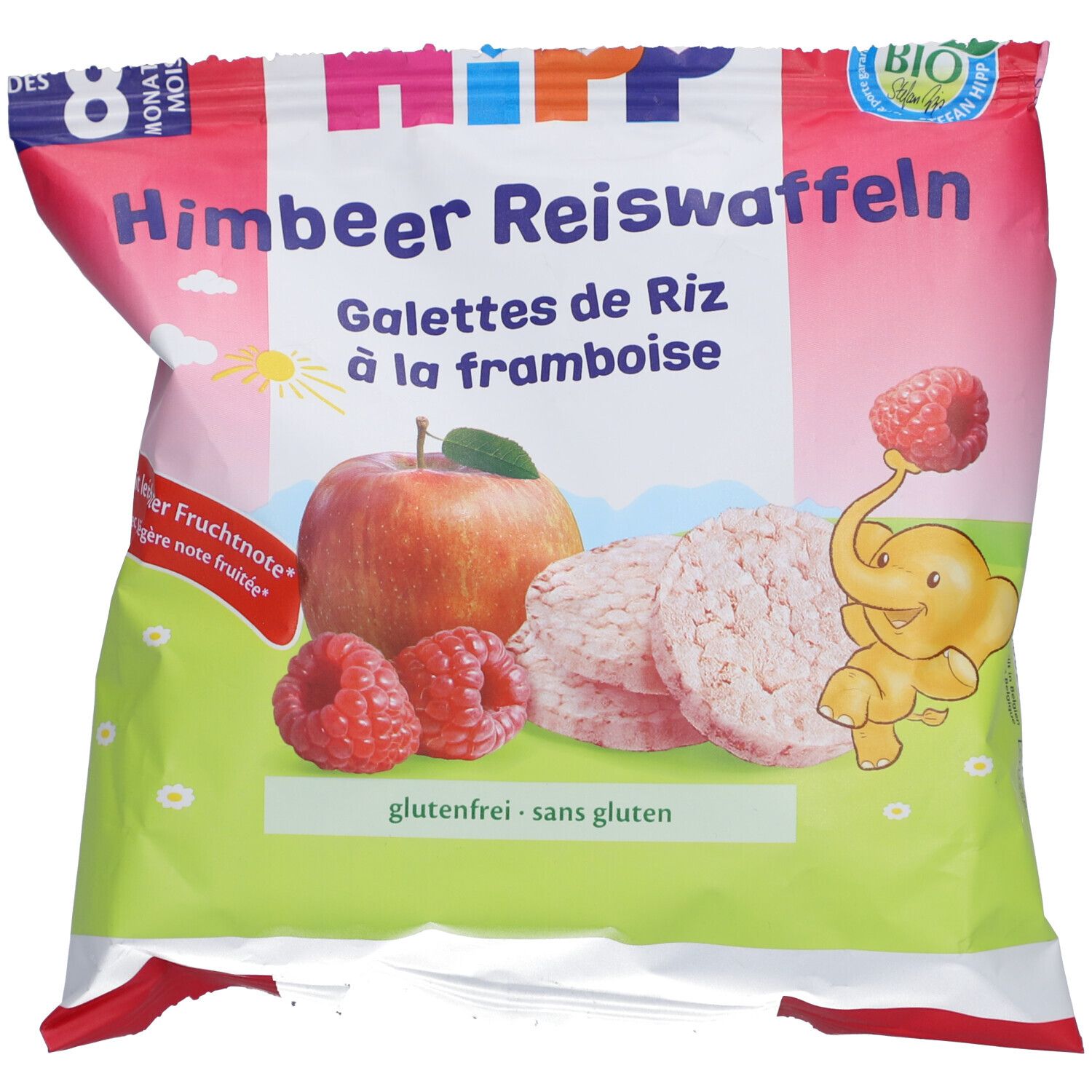Verpakking met frambozen rijstwafels. Opschrift: framboos, appel, frambozen, glutenvrij, bio-logo, Hipp logo.