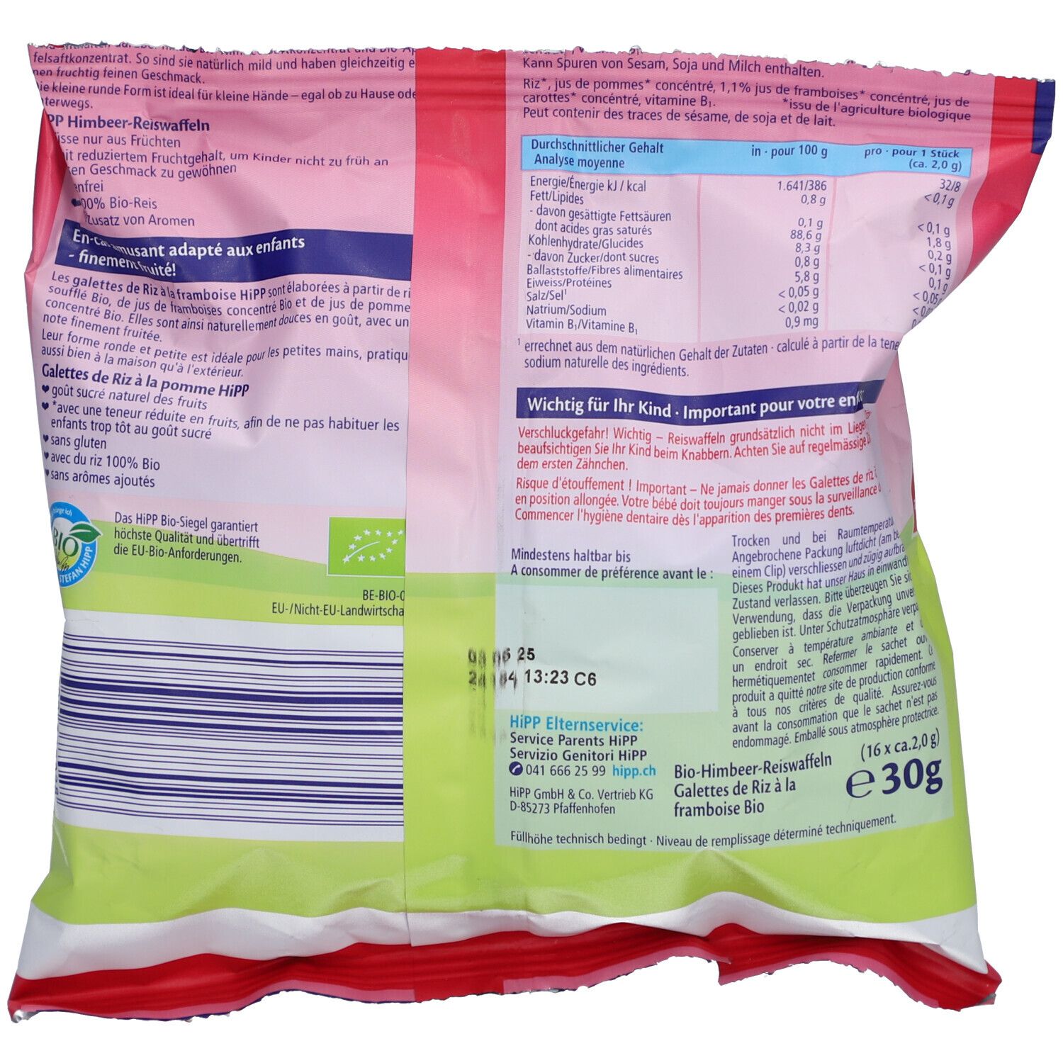Achterkant van de verpakking met voedingswaarde, ingrediëntenlijst, bio-logo en houdbaarheidsdatum.