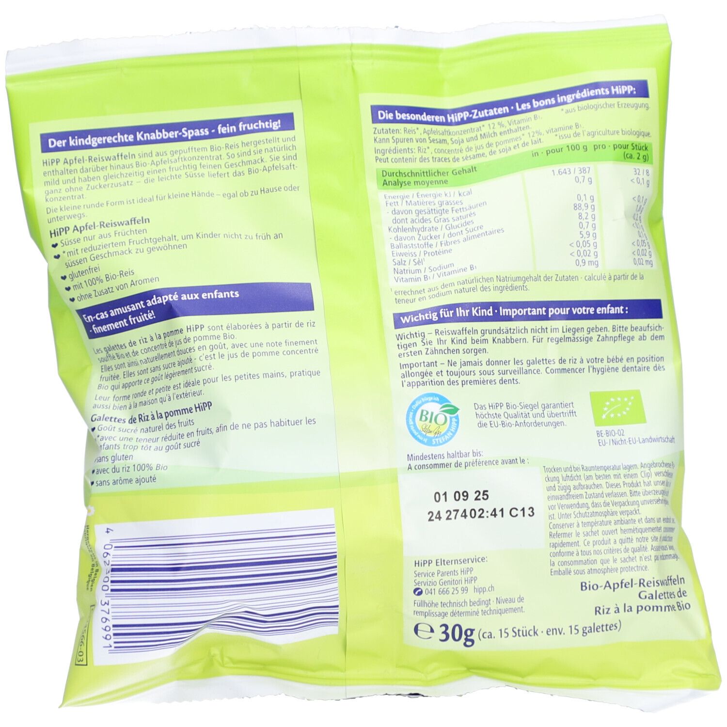 Dos HIPP Galettes de riz à la pomme: Informations nutritionnelles, label Bio et détails produit.