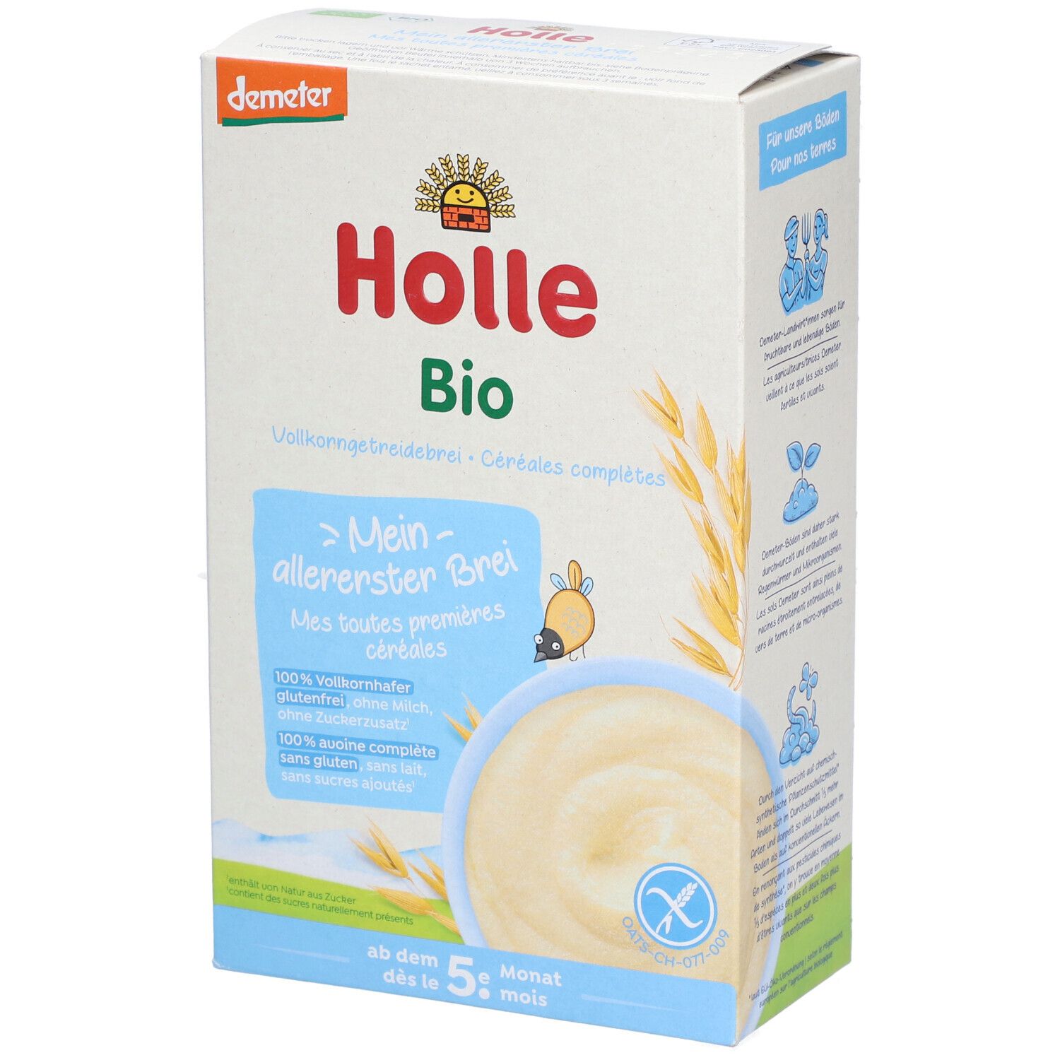 Boîte de Holle Bio Vollkorngetreidebrei. Logo Demeter. Texte: Mes toutes premières céréales. Dès 5 mois. Sans gluten.