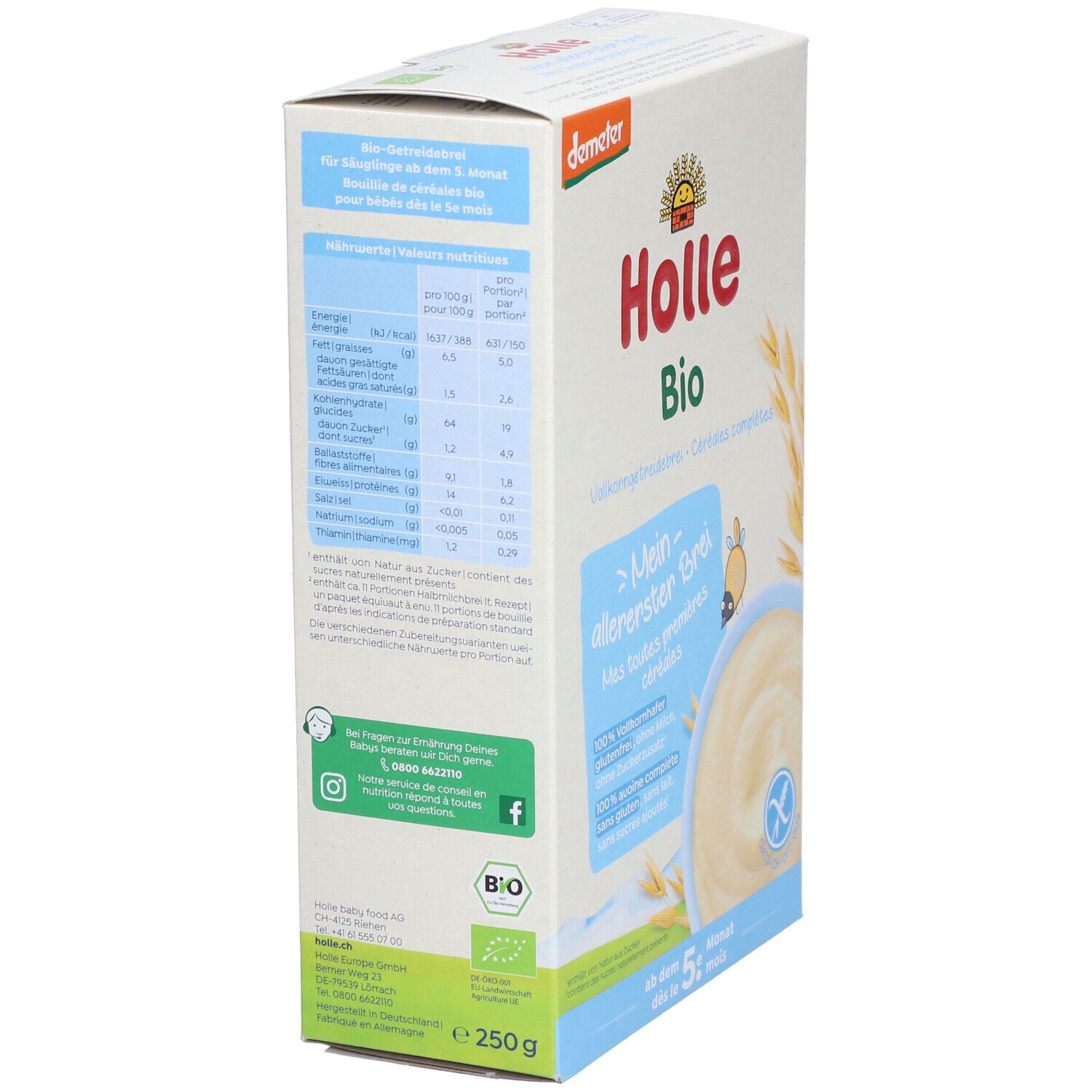 Dos de la boîte Holle Bio Vollkorngetreidebrei. Informations nutritionnelles. Label bio. 250g. Texte: Mes toutes premières céréales. Dès 5 mois.
